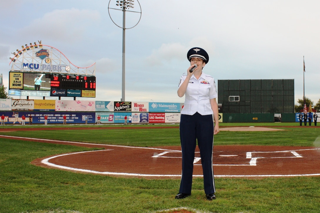 SSGT Ruth Petkaitis sings the national anthem at the Brooklyn Cyclones game during Air Force Week.