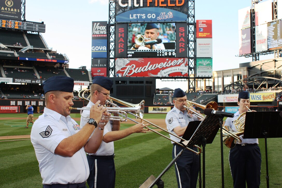 Brass quintet plays at the Mets game during Air Force week. On the big screen at the statium.