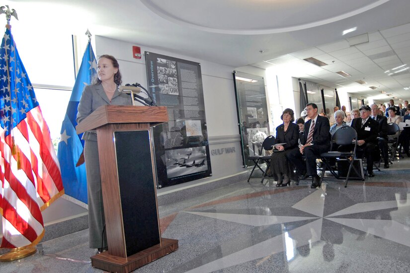 Michele Flournoy talks about the importance of the military's mission to recover all prisoners of war and those missing in action during a ceremony Sept. 15, 2010, in the Pentagon. Ms. Flournoy helped dedicate a Pentagon corridor to American military prisoners of war and those missing in action. Ms. Flournoy is the Defense Department's policy chief. (DOD photo/Army Sgt. 1st Class Michael J. Carden)