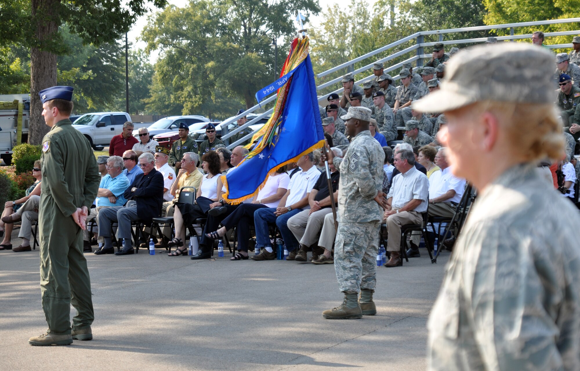 Col. Fletcher w/local community
Columbus Air Force Base Airmen and local community members take part in this year’s POW/MIA Remembrance Ceremony, Sept. 17 at Columbus AFB’s Smith Plaza. Featured in the foreground are 14th Medical Group Commander Col. Diane Fletcher, Commander of Troops and 14th Operations Group Commander Col. Steven Stater and 14th Flying Training Wing Command Chief Master Sgt. Zef Smith. (U.S. Air Force photo/Staff Sgt. Jacob Corbin). 
