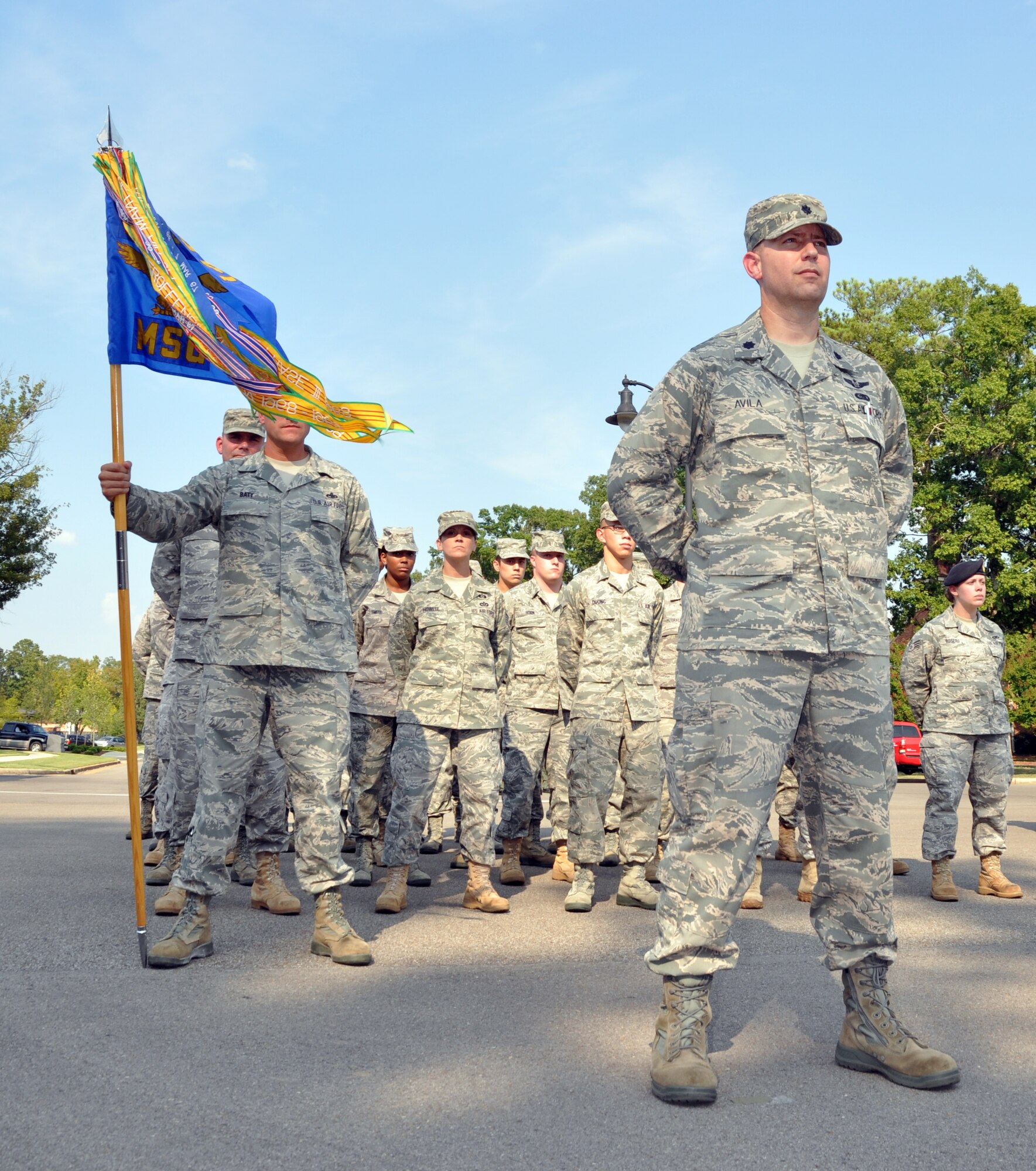Lt. Col. David Avila, 14th Mission Support Group deputy commander, stands at the lead of the 14th MSG formation at the POW/MIA Remembrance Ceremony, Sept. 17 at Columbus AFB’s Smith Plaza. Each group was represented in the formation, and the wing’s commander of troops was 14th Operations Group Commander Col. Steven Stater. (U.S. Air Force photo/Staff Sgt. Jacob Corbin). 