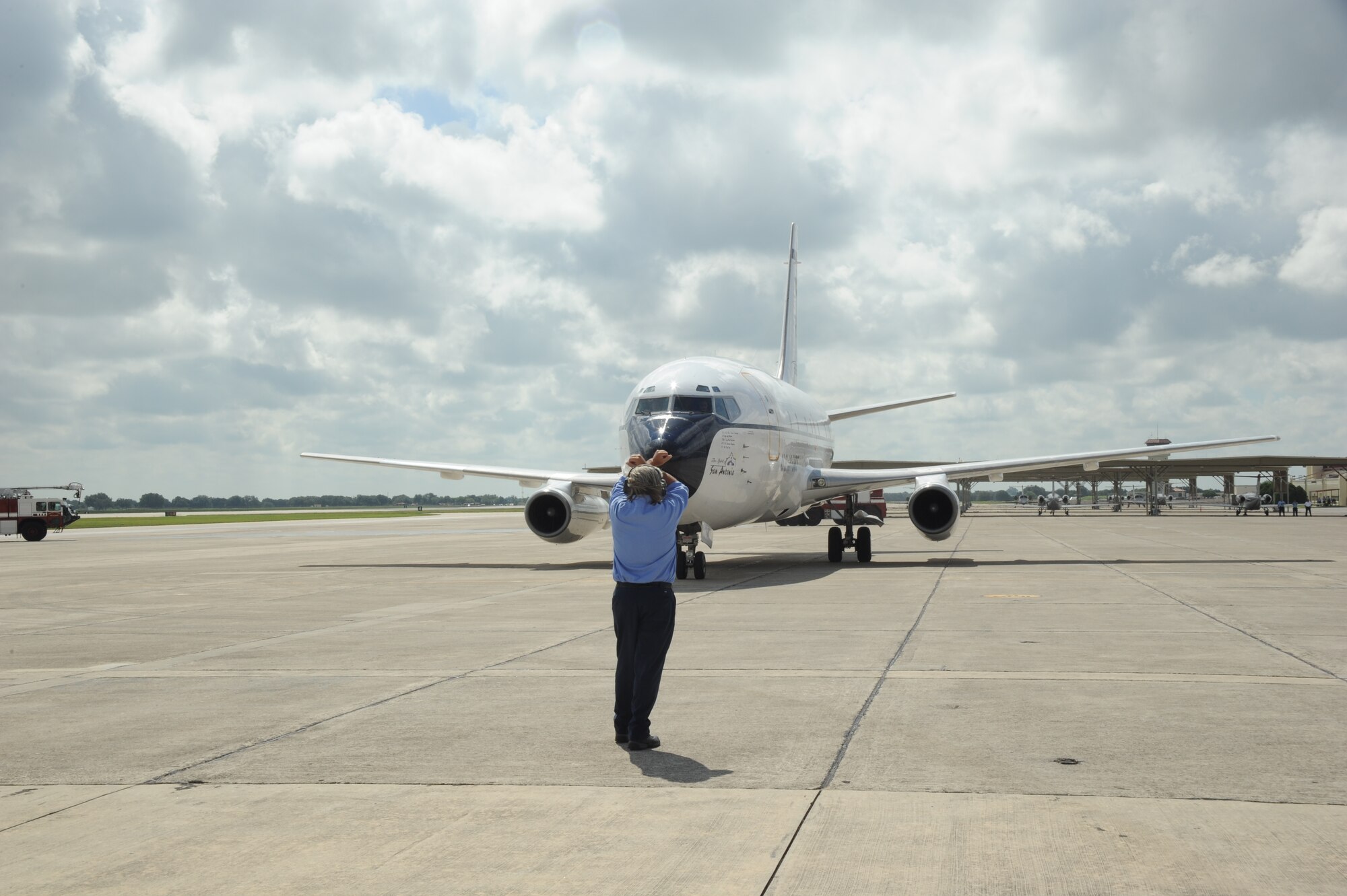 The last T-43 combat systems officer trainer taxis to a halt on the flightline at Randolph Air Force Base, Texas, Sept. 17, 2010, following its “fini” flight.  The T-43, a version of the Boeing 737, retires from the Air Force inventory after 37 years of service as a navigator training platform. The CSO training mission will be moving to Naval Air Station Pensacola, Fla. (U.S. Air Force photo/Rich McFadden)