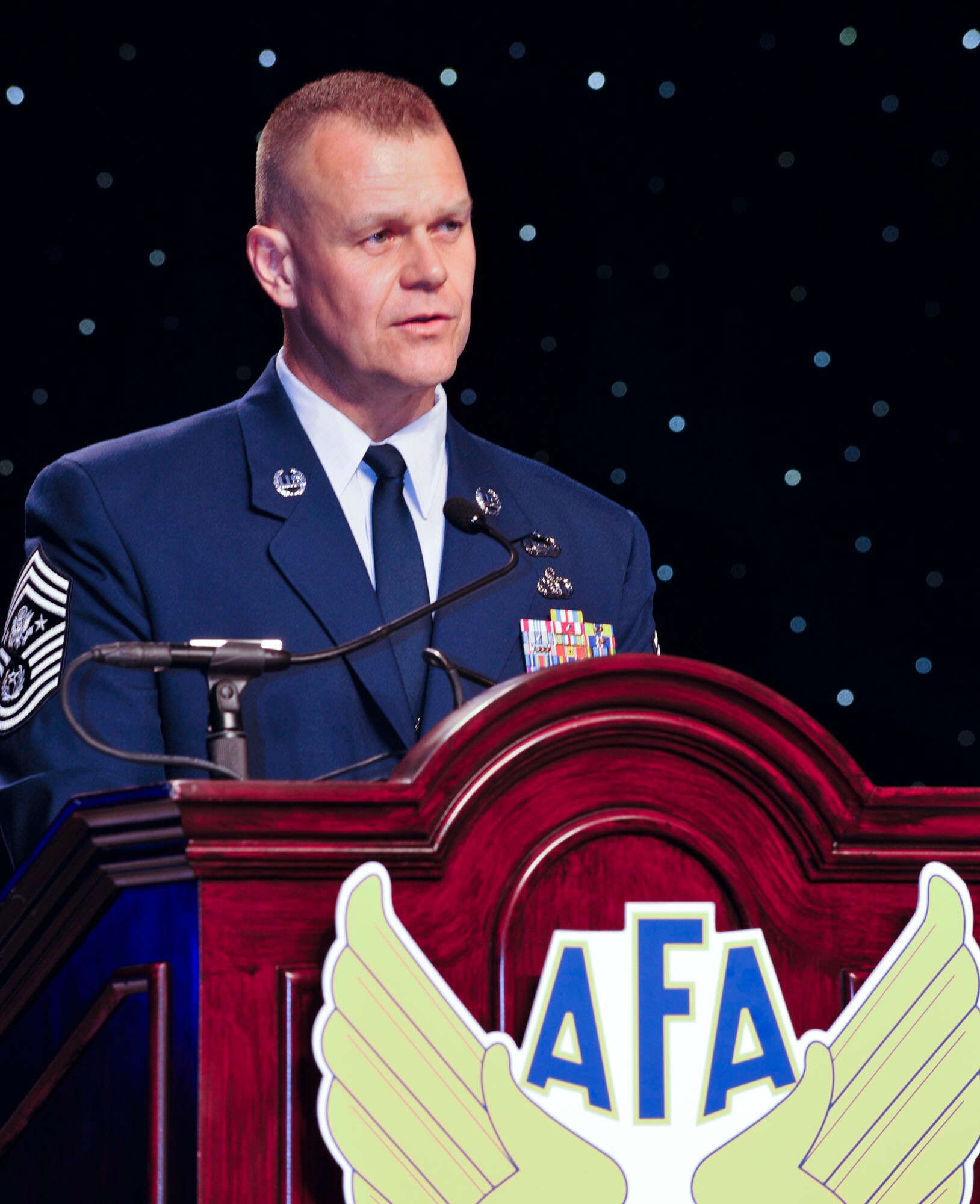 Chief Master Sgt. of the Air Force James Roy serves as the master of ceremonies during the Air Force Association's Outstanding Airmen of the Year dinner Sept. 13, 2010, in National Harbor at Oxon Hill, Md., The dinner was one of many events honoring the Airmen during AFA's Air and Space Conference and Technology Exposition.  (U.S. Air Force photo/Michael J. Pausic)