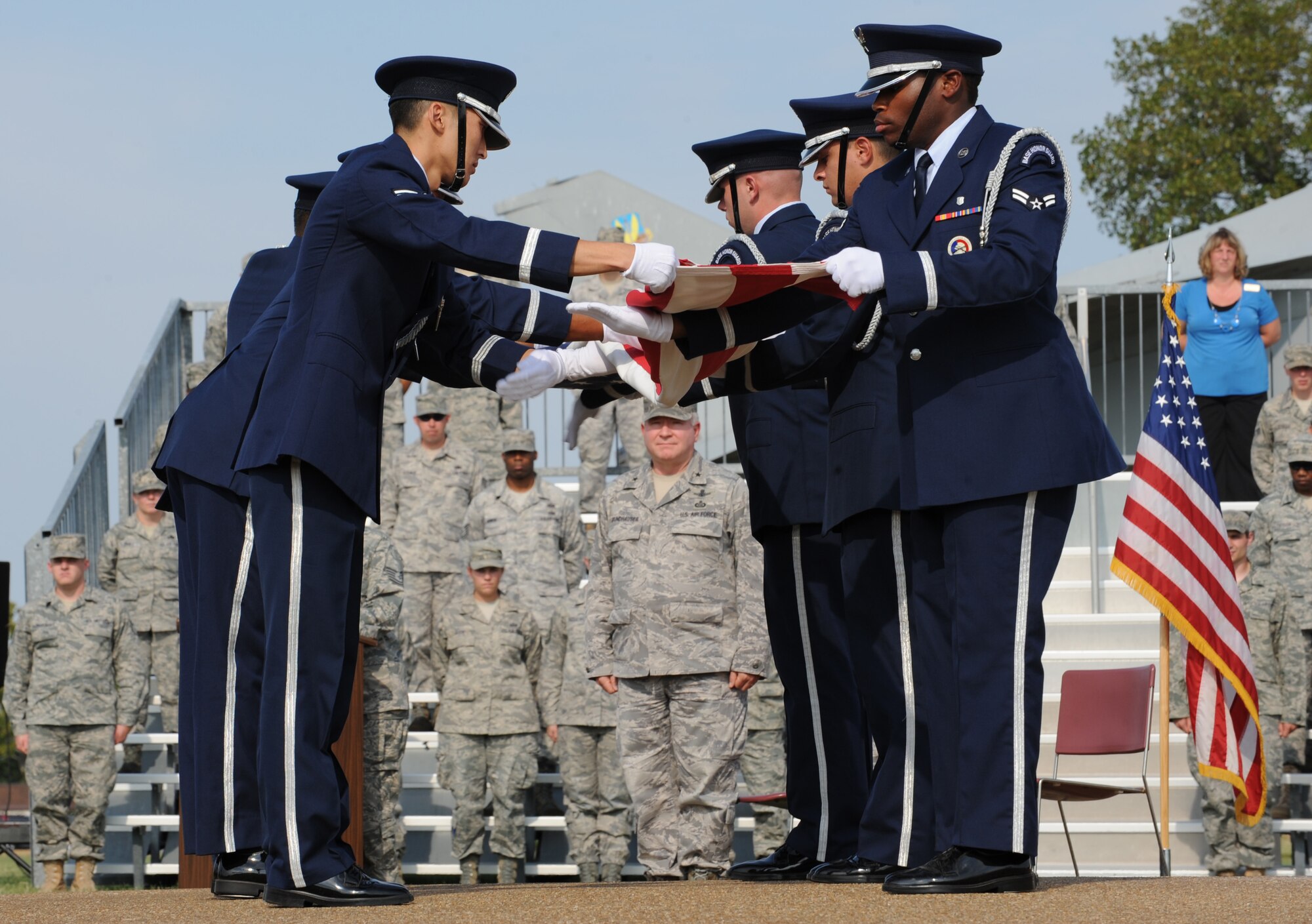LANGLEY AIR FORCE BASE, Va. – Langley Base Honor Guard performs retreat in celebration of the Air Force's 63rd birthday Sept. 17.  Brig. Gen. Larry K. Grundhauser, Air Combat Command director of intelligence and guest speaker during the event, recounted Langley’s illustrious airpower legacy, summarizing key figures and moments throughout the base’s history, and offered encouragement to continue the dedication to global air superiority.  (U.S. Air Force photo/Staff Sgt. Tabitha Kuykendall)