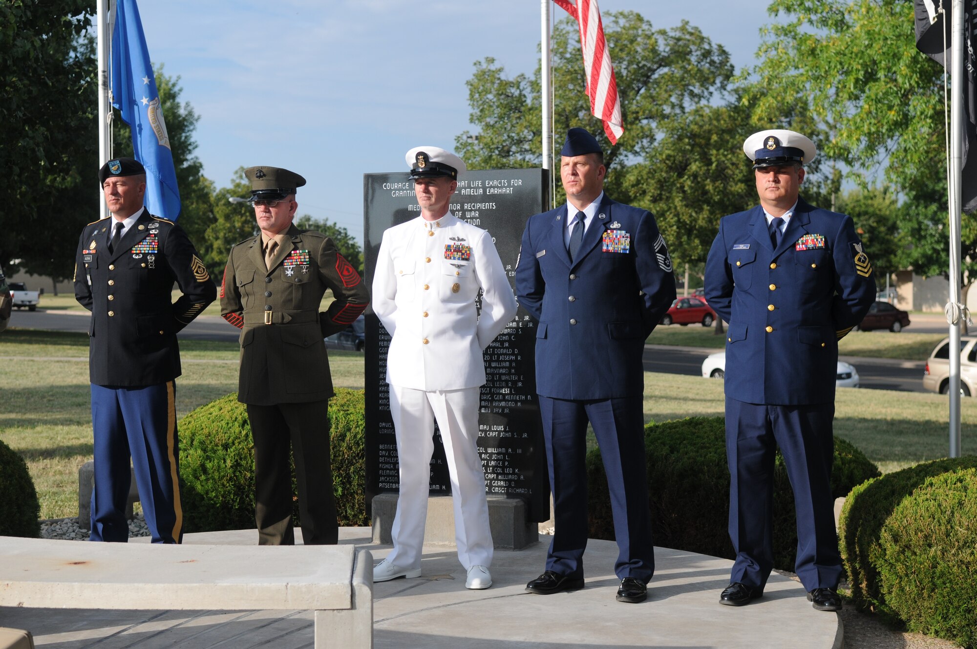 Senior enlisted servicemembers  representing each service branch gather at the Prisoner of War/Missing in Action ceremony at the POW/MIA memorial here Sept. 17. (U.S. Air Force photo/ Airman 1st Class Clayton Lenhardt) 