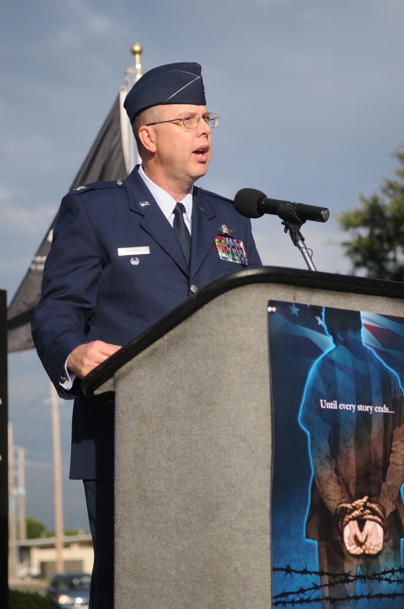 Col. David Rearick talks about the sacrifices of servicemembers and the importance of remembering captured and fallen military members during a ceremony honoring POW/MIA Day, Sept. 17.(U.S. Air Force photo/ Airman 1st Class Clayton Lenhardt) 