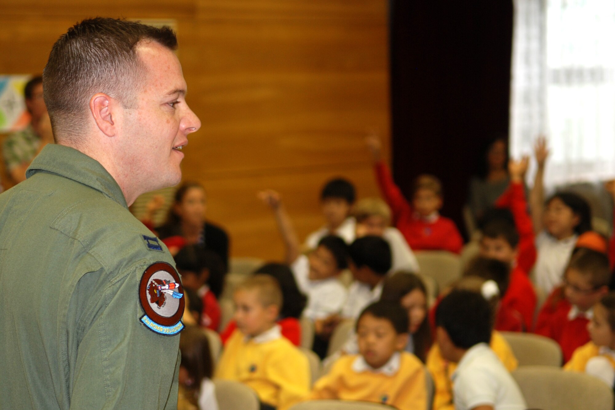 Capt. Casey Gough, a 93rd Bomb Squadron B-52 instructor pilot, takes questions from Year 6 students of the 1st International School of Ostrava, Czech Republic. The school provides education to children of all nationalities living in the Moravian-Silesian Region of the Czech Republic. The 917th Wing at Barksdale Air Force Base, La., supplied a B-52H Stratofortress in support of the 10th NATO Days in Ostrava & 1st Czech Air Force Days Air Show, which is scheduled for Sept 18-19, 2010, at the Leos Janacek Ostrava Airport, Ostrava, Czech Republic. The historic landing of the B-52H bomber at the Leos Janacek Ostrava Airport, marks the first time ever for a B-52 in the Czech Republic. (U.S. Air Force photo/Master Sgt. Greg Steele)