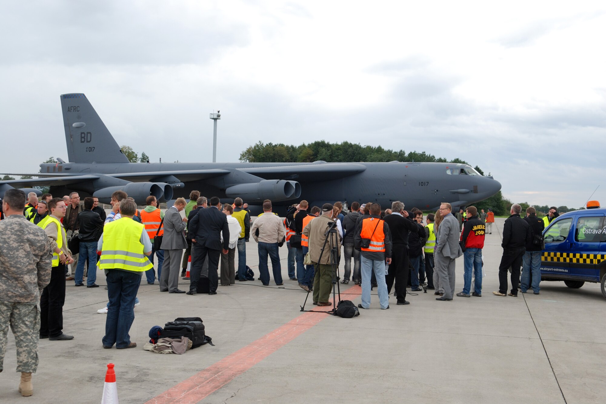 Media and V.I.P.s gather to meet the crew of a B-52 Stratofortress at the Leos Janacek Ostrava Airport, Ostrava, Czech Republic, Sept. 15, 2010. The landing marked the first ever for a B-52 in the Czech Republic. The historic flight was made to the Czech Republic in support of the 10th NATO Days in Ostrava & 1st Czech Air Force Days Air Show, which is scheduled for Sept 18-19, 2010. The B-52 Stratofortress, its crew and support personnel are from the 917th Wing and 93rd Bomb Squadron at Barksdale Air Force Base, La. (U.S. Air Force photo/Master Sgt. Greg Steele) 
