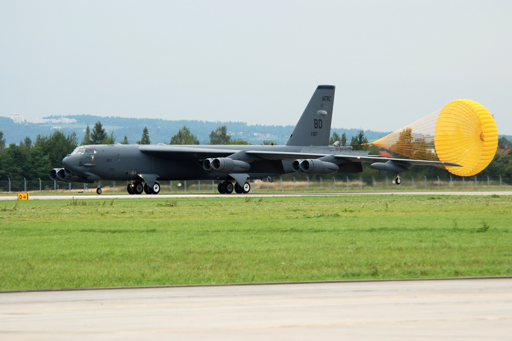 For the first time ever, A B-52H Stratofortress lands at the Leos Janacek Ostrava Airport, Ostrava, Czech Republic, Sept. 15, 2010. The historic flight was made to the Czech Republic in support of the 10th NATO Days in Ostrava & 1st Czech Air Force Days Air Show, which is scheduled for Sept 18-19, 2010. The B-52 Stratofortress, its crew and support personnel are from the 917th Wing and 93rd Bomb Squadron at Barksdale Air Force Base, La. (U.S. Air Force photo/Master Sgt. Greg Steele) 