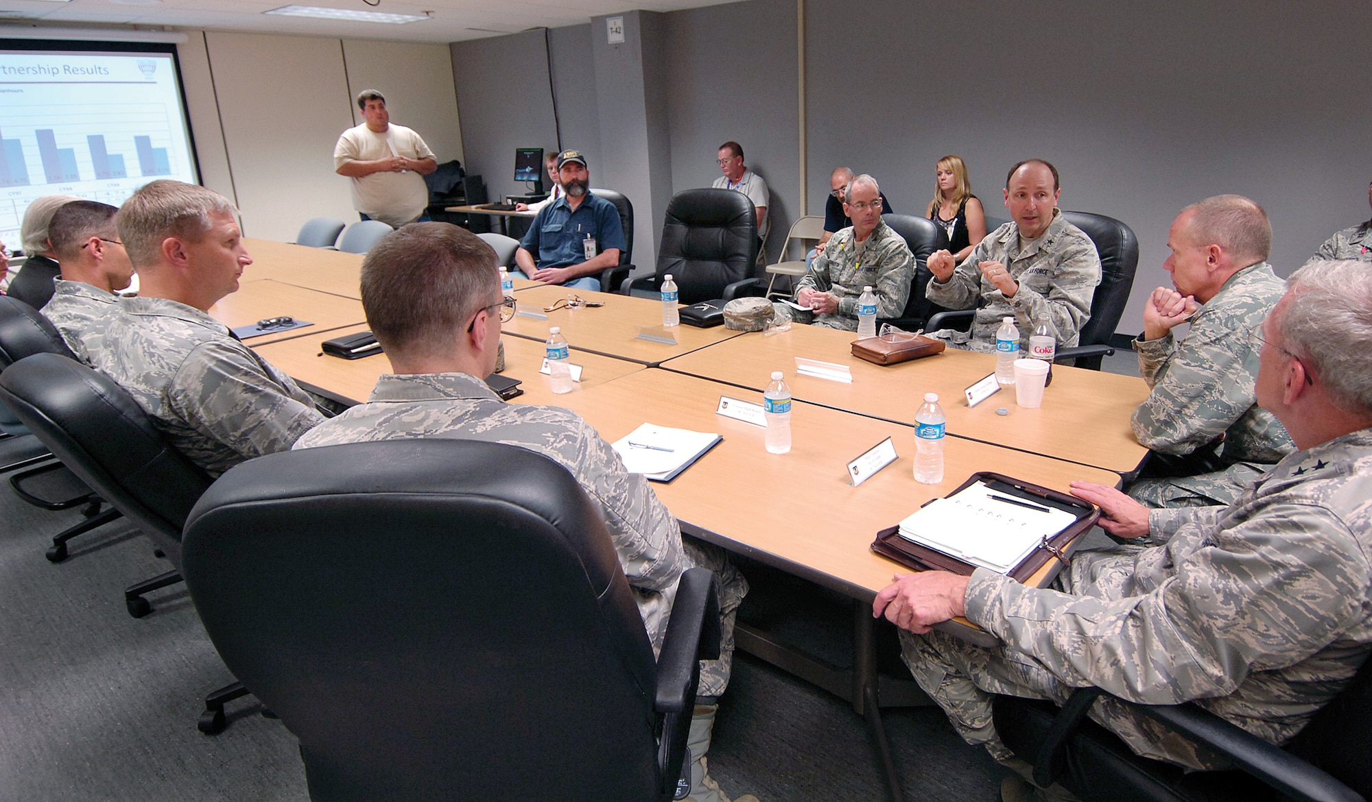 Tinker leadership, civilians and AFGE Local 916 union representatives brief Air Force Materiel Command Commander, Gen. Donald Hoffman, on Tinker’s progress in the Voluntary Protection Program. General Hoffman visited Tinker Sept. 9 and 10, his second visit here. (Air Force photo by Margo Wright)