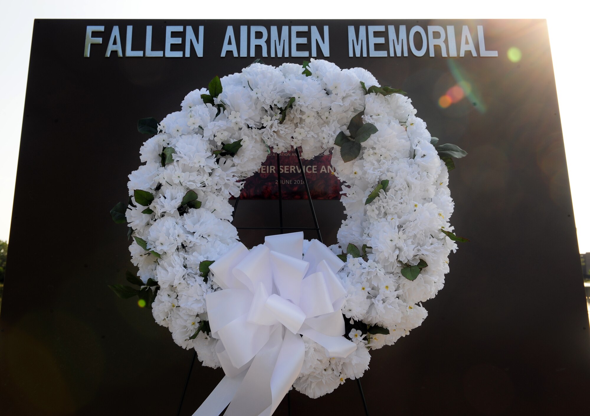 100917-F-6838W-039
SHAW AIR FORCE BASE, S.C. -- A wreath sits in front of the Fallen Airmen Memorial in honor of the prisoners of war and those missing in action, Sept. 17, 2010. POW/MIA Recognition Day honors the commitments and the sacrifices made by our nation's prisoners of war and those who are still missing in action. By custom, it is on the third Friday in September. (U.S. Air Force photo/Airman 1st Class Neil D. Warner (Released)
