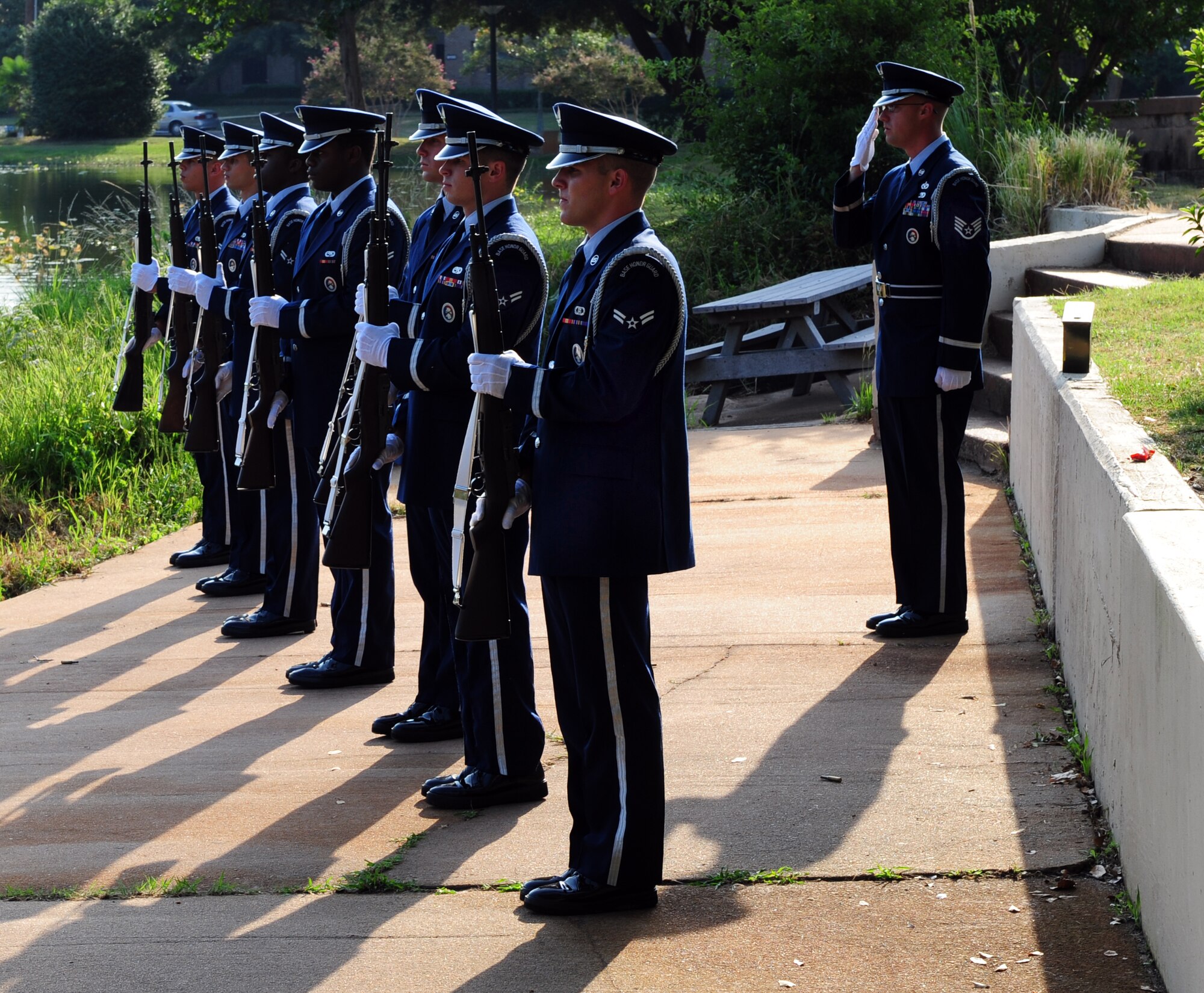 100917-F-6838W-031
SHAW AIR FORCE BASE, S.C. -- Members of the Shaw Honor Guard perform a twenty-one gun salute during the POW/MIA Recognition Day ceremony, Sept. 17, 2010. POW/MIA Recognition Day honors the commitments and the sacrifices made by our nation's prisoners of war and those who are still missing in action. By custom, it is on the third Friday in September. (U.S. Air Force photo/Airman 1st Class Neil D. Warner (Released)
