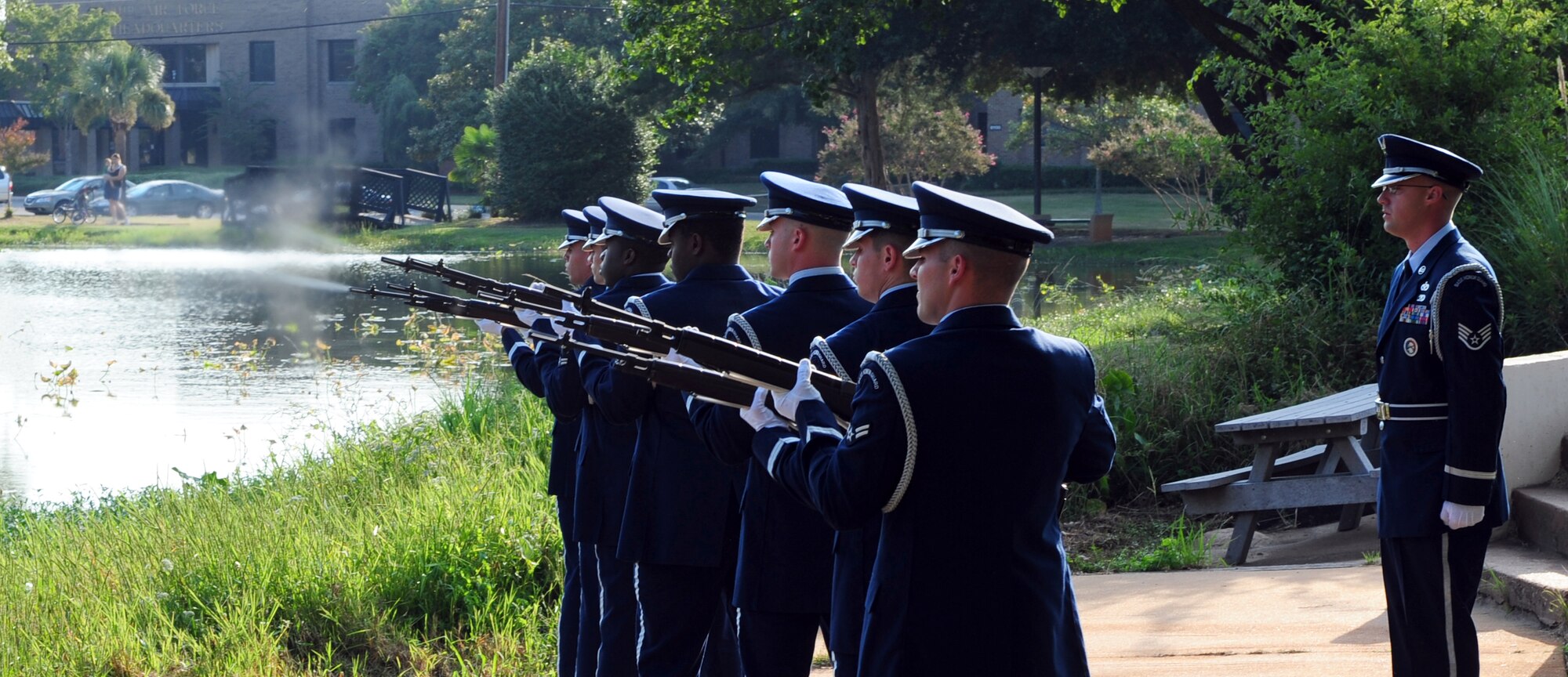 100917-F-6838W-028
SHAW AIR FORCE BASE, S.C. -- Members of the Shaw Honor Guard perform a twenty-one gun salute during the POW/MIA Recognition Day ceremony, Sept. 17, 2010. POW/MIA Recognition Day honors the commitments and the sacrifices made by our nation's prisoners of war and those who are still missing in action. By custom, it is on the third Friday in September. (U.S. Air Force photo/Airman 1st Class Neil D. Warner (Released)
