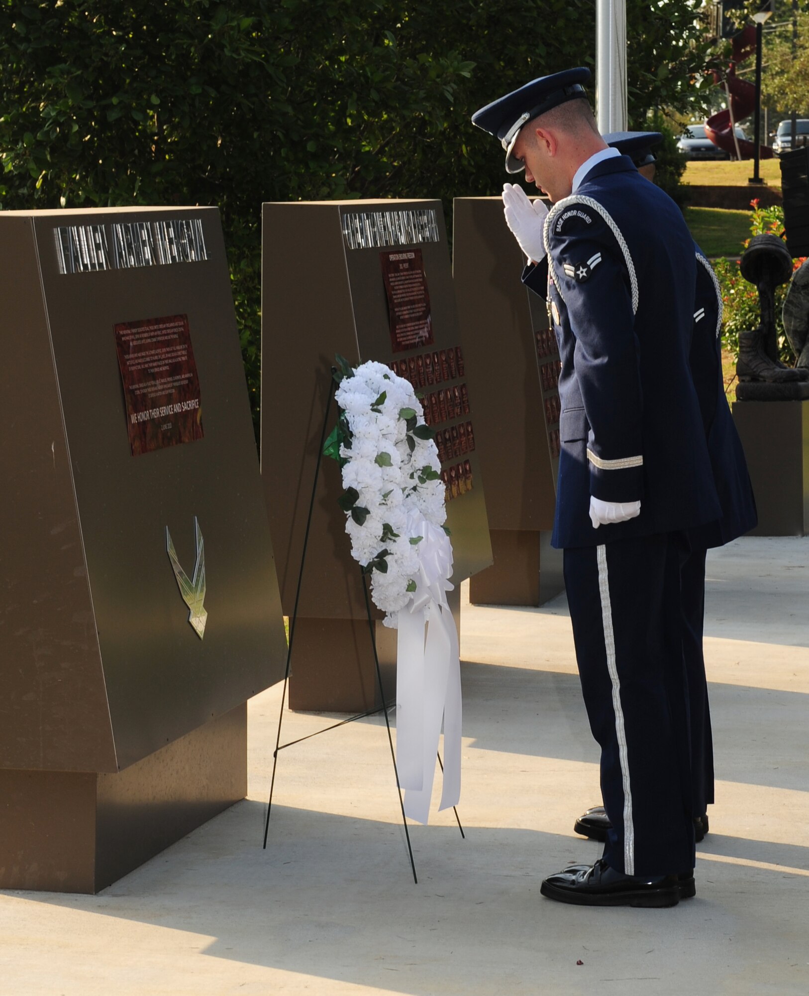 100917-F-6838W-017
SHAW AIR FORCE BASE, S.C. -- A member of the Shaw Honor Guard salutes during the POW/MIA Recognition Day ceremony, Sept. 17, 2010. POW/MIA Recognition Day honors the commitments and the sacrifices made by our nation's prisoners of war and those who are still missing in action. By custom, it is on the third Friday in September. (U.S. Air Force photo/Airman 1st Class Neil D. Warner (Released)
