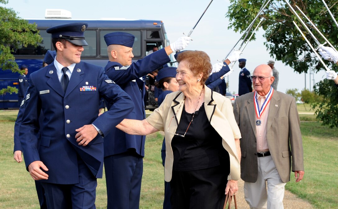 LANGLEY AIR FORCE BASE, Va. – Airmen escort former prisoners of war  and their families to the POW/MIA recognition ceremony Sept. 17.  Team Langley honored our nation’s POWs and missing in action through a series of ceremonies and events Sept. 16 and 17, paying respect to those who made, and continue to make, the ultimate sacrifice. (U.S. Air Force photo/Staff Sgt. Tabitha Kuykendall) (RELEASED)