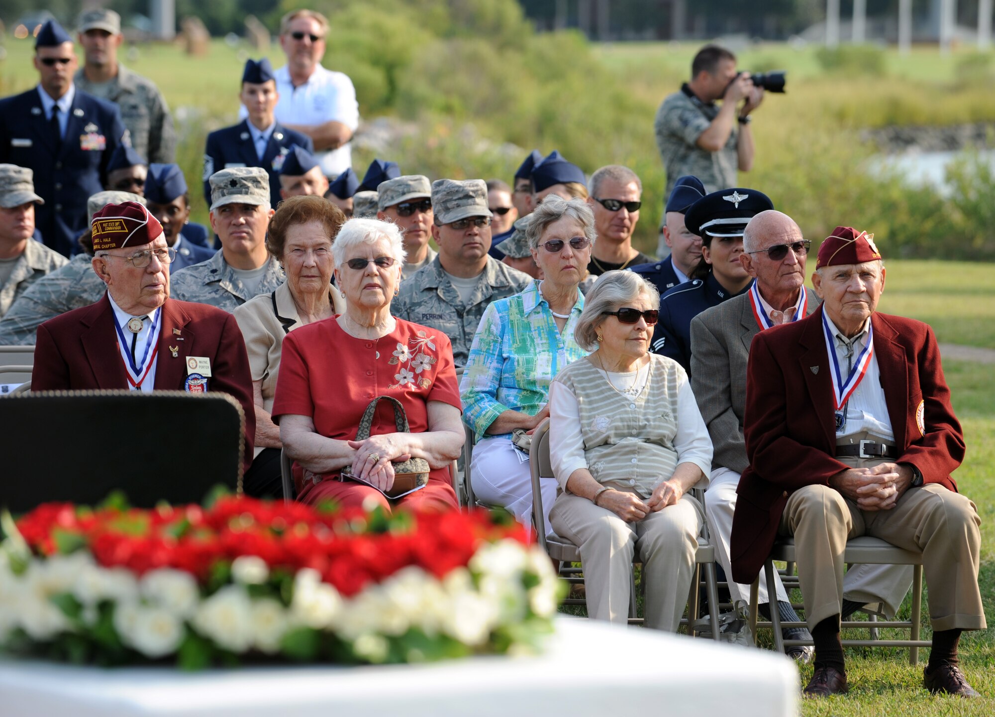 LANGLEY AIR FORCE BASE, Va. – Former prisoners of war and their families join members of Team Langley during the POW/MIA recognition ceremony Sept. 17. The ceremony honored our nation’s POWs and missing in action through a series of ceremonies and events Sept. 16 and 17, paying respect to those who made, and continue to make, the ultimate sacrifice. (U.S. Air Force photo/Staff Sgt. Tabitha Kuykendall) (RELEASED)