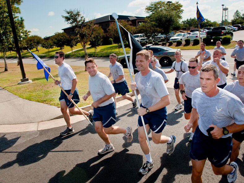 MOODY AIR FORCE BASE, Ga. -- Col. Gary Henderson, 23rd Wing commander, leads the 93rd Air Ground Operations Wing during this year's Prisoner of War/Missing in Action Recognition Day run here Sept. 17. The 23-mile relay run began on base and traveled throughout Valdosta, Ga., before finishing at the Moody Field Club. (U.S. Air Force photo/Senior Airman Jamal D. Sutter) 