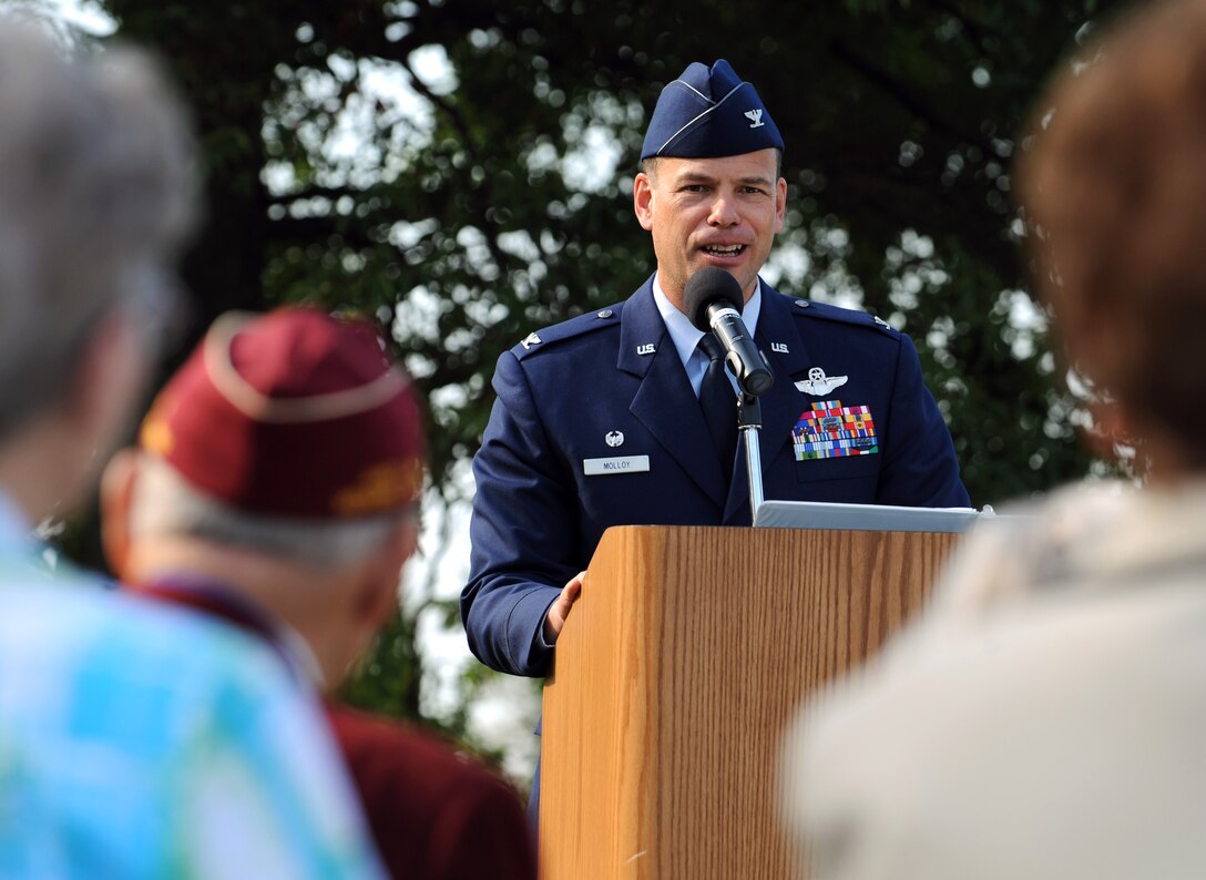 LANGLEY AIR FORCE BASE, Va. – Col. Matt Molloy, 1st Fighter Wing commander, makes opening remarks during the Prisoners of War/Missing in Action recognition ceremony Sept. 17.  Team Langley honored our nation’s POWs and MIA through a series of ceremonies and events Sept. 16 and 17, paying respect to those who made, and continue to make, the ultimate sacrifice. (U.S. Air Force photo/Staff Sgt. Tabitha Kuykendall) (RELEASED)