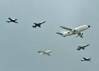 A composite flight of aircraft performs a fly-by during a retirement ceremony for the T-43 “Gator” (lead aircraft) Sept. 17, 2010, at Randolph Air Force Base, Texas.   The T-43 was used in Combat Systems Officer (CSO) training (formerly known as navigator training) under the 562nd and 563rd Flying Training Squadrons here.  The CSO mission will continue under the 12th Flying Training Wing, headquartered here at Randolph, with the 479th Flying Training Group in Naval Air Station Pensacola, Fla.  Under the 479th, students will train on aircraft simulators then fly the T-6A Texan and a modified version of the T-1A Jayhawk. (U.S. Air Force photo/Don Lindsey)