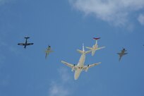 A composite flight of aircraft performs a fly-by during a retirement ceremony for the T-43 “Gator” (lead aircraft) Sept. 17, 2010, at Randolph Air Force Base, Texas.   The T-43 was used in Combat Systems Officer (CSO) training (formerly known as navigator training) under the 562nd and 563rd Flying Training Squadrons at Randolph.  The CSO mission will continue under the 12th Flying Training Wing, headquartered here at Randolph, with the 479th Flying Training Group in Naval Air Station Pensacola, Fla.  Under the 479th, students will train on aircraft simulators then fly the T-6A Texan and a modified version of the T-1A Jayhawk. (U.S. Air Force photo/Rich McFadden)