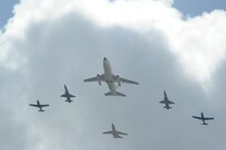 A composite flight of aircraft performs a fly-by during a retirement ceremony for the T-43 “Gator” (lead aircraft) Sept. 17, 2010, at Randolph Air Force Base, Texas.   The T-43 was used in Combat Systems Officer (CSO) training (formerly known as navigator training) under the 562nd and 563rd Flying Training Squadrons here.  The CSO mission will continue under the 12th Flying Training Wing, headquartered here at Randolph, with the 479th Flying Training Group in Naval Air Station Pensacola, Fla.  Under the 479th, students will train on aircraft simulators then fly the T-6A Texan and a modified version of the T-1A Jayhawk. (U.S. Air Force photo/Rich McFadden)