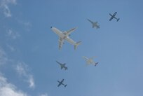 A composite flight of aircraft performs a fly-by during a retirement ceremony for the T-43 “Gator” (lead aircraft) Sept. 17, 2010, at Randolph Air Force Base, Texas.   The T-43 was used in Combat Systems Officer (CSO) training (formerly known as navigator training) under the 562nd and 563rd Flying Training Squadrons at Randolph.  The CSO mission will continue under the 12th Flying Training Wing, headquartered here at Randolph, with the 479th Flying Training Group in Naval Air Station Pensacola, Fla.  Under the 479th, students will train on aircraft simulators, then fly the T-6A Texan and a modified version of the T-1A Jayhawk. (U.S. Air Force photo/Steve White)