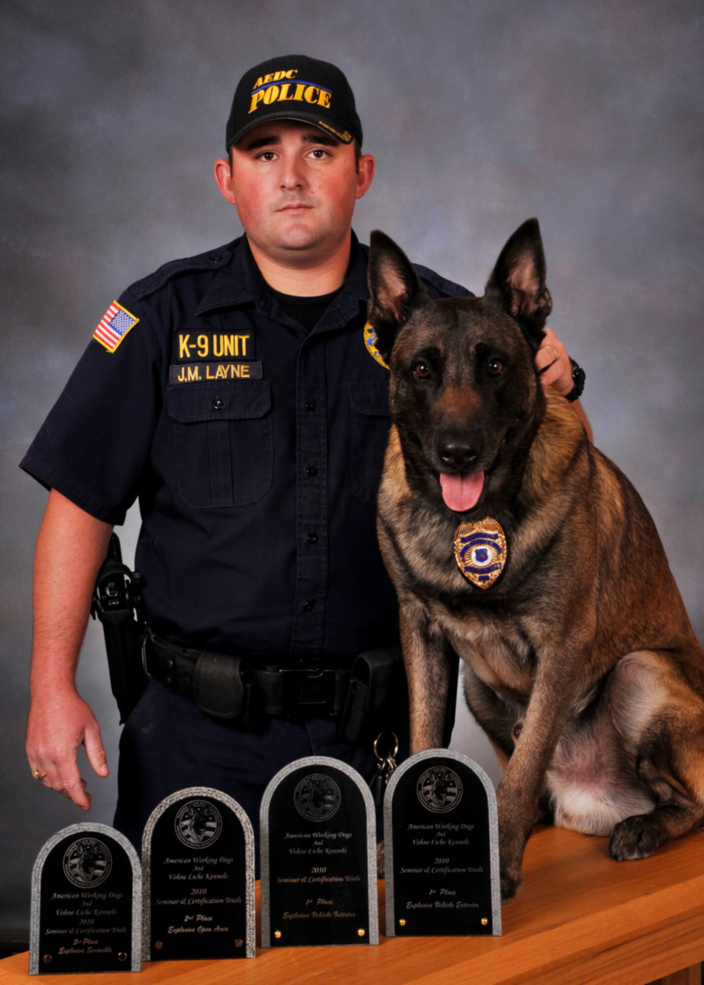 Arnold Police K-9 Officer Jason Layne and his partner, Bikkel, garnered four awards at the recent Police K-9 Olympics. (Photo by: Rick Goodfriend)