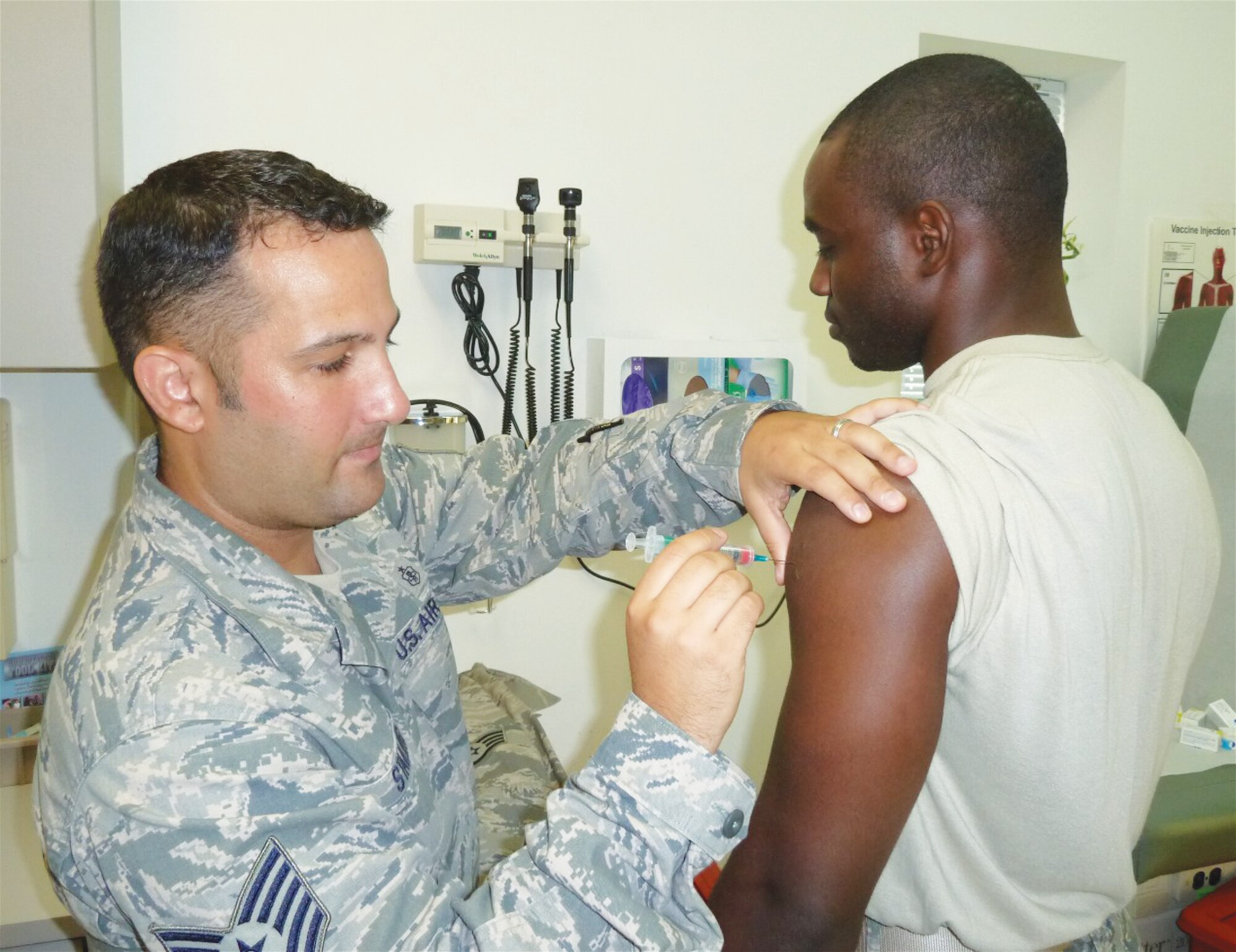 Tech. Sgt. Eric Stalling, 56th Medical Group Allergy and Immunizations NCO-in-charge, vaccinates Staff Sgt. Jason Stone at an undisclosed location in Southwest Asia.  (Courtesy photo)