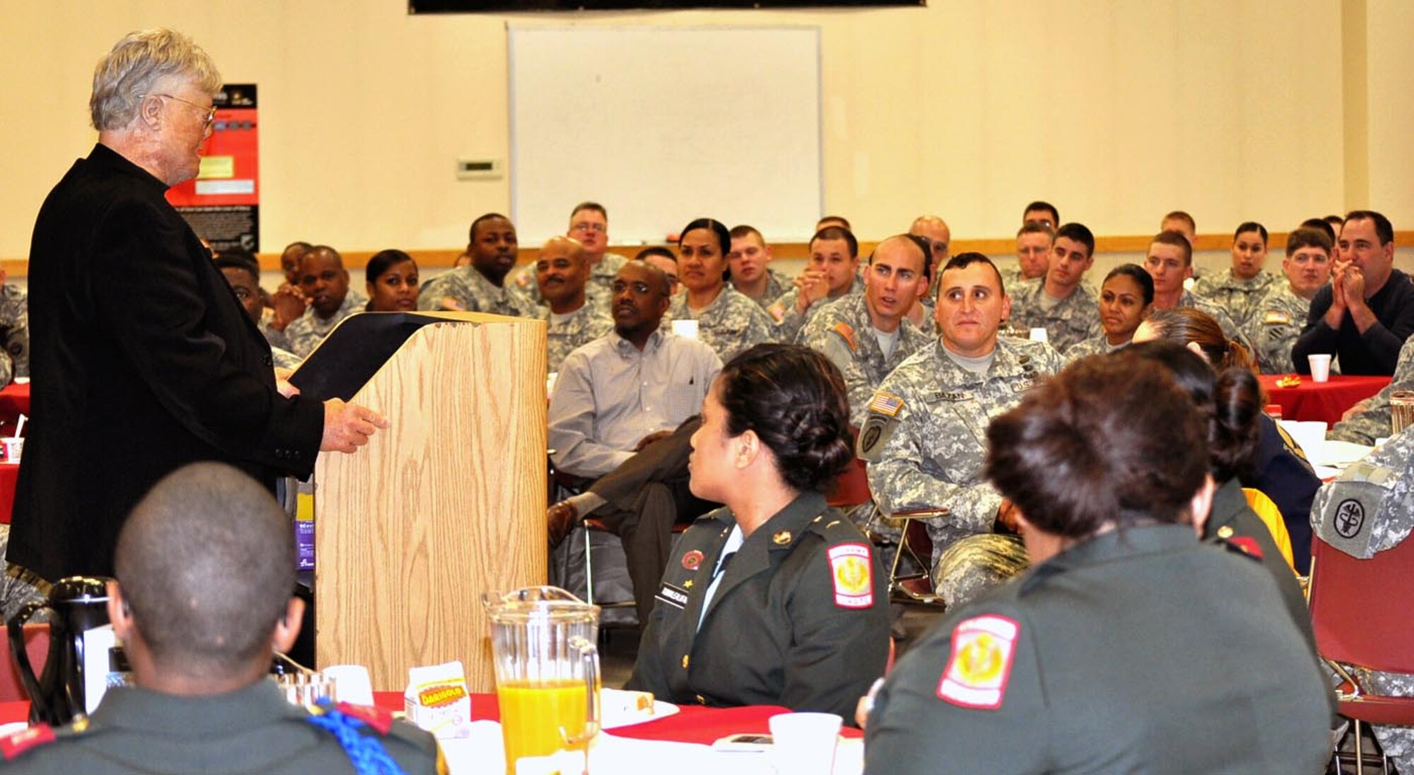 Dave Roever, spiritual motivational speaker, speaks to a crowded room of Soldiers during the Spiritual Resiliency Prayer Breakfast Sept. 2, at the Lee Reserve Center, Joint Base Elmendorf-Richardson. (Photo by Spc. Tamika Dillard/3rd MEB PAO)