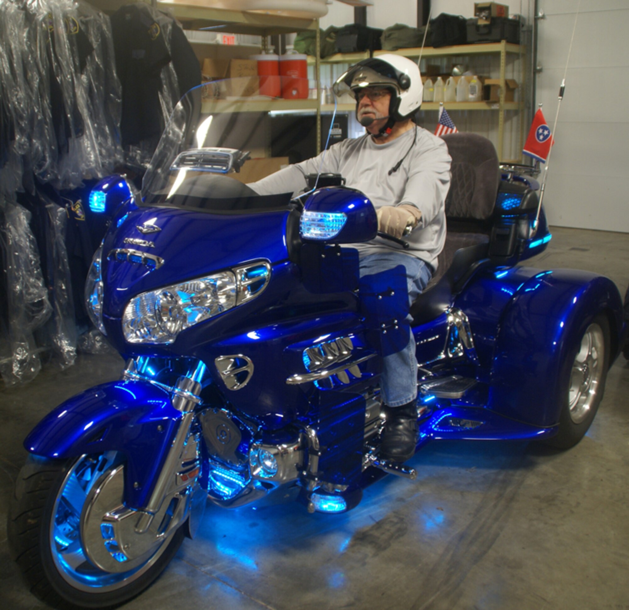 Sitting on his newly customized 2005 GL1800, a Goldwing three-wheeled motorcycle, Joel Reynolds, an Aerospace Testing Alliance (ATA) police lead and dispatcher for AEDC’s Police Department, is ready to ride for a St. Jude Children’s Research Hospital fundraising event. St. Jude is located in Memphis. (Photo by Philip Lorenz III) 
