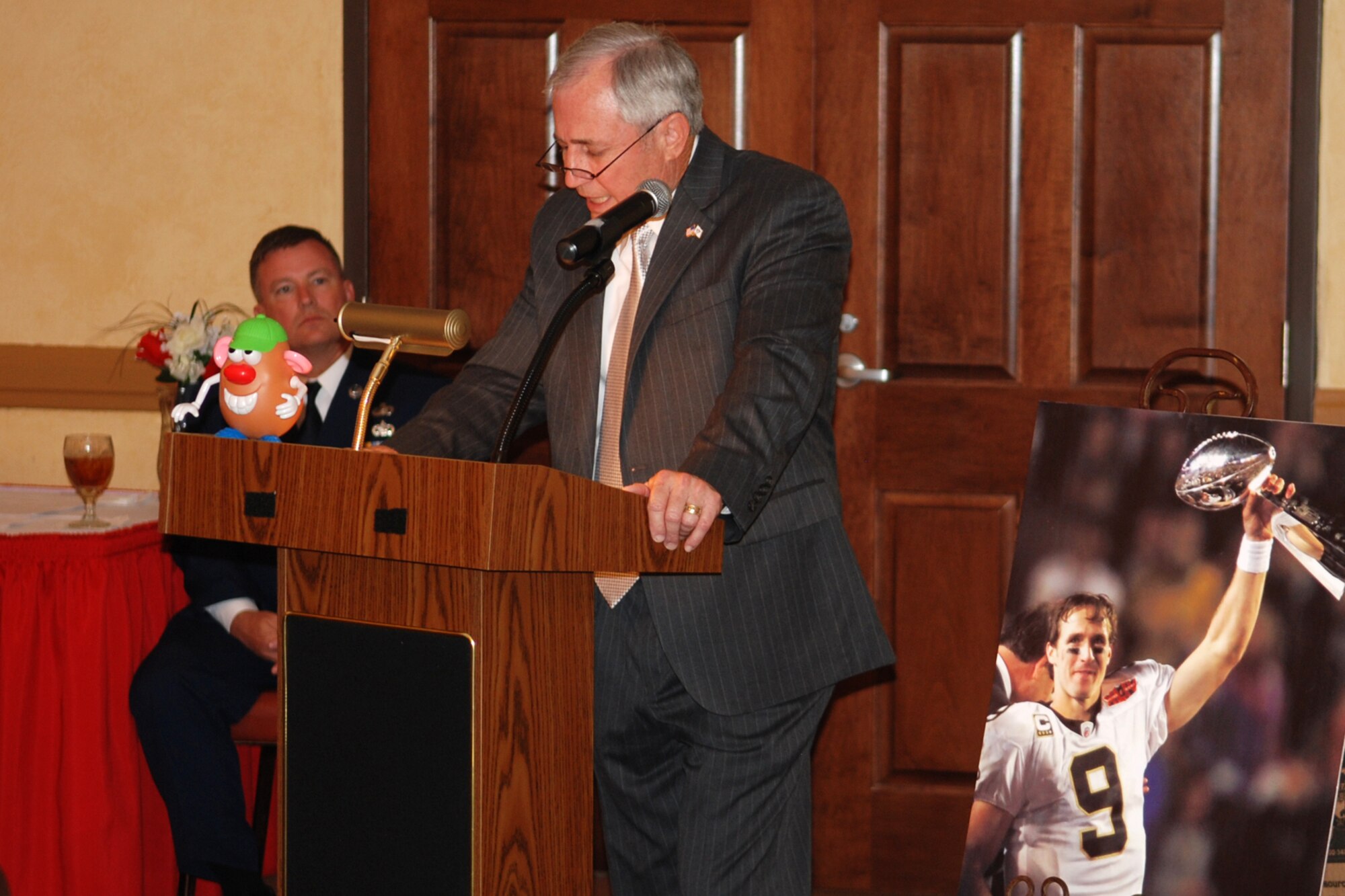 Chief Master Sgt. (Ret) Jack Skaggs addresses the crowd during the 917th Wing’s 7th Annual Senior Noncommissioned Officer Induction and Chief’s Recognition Ceremony at the Barksdale Club on Barksdale Air Force Base, La., Sept. 11, 2010. Chief Skaggs, who is a former Command Chief Master Sergeant of the 917th Wing, spoke about leadership and the added responsibility of becoming a SNCO in today’s Air Force. More than 37 Master Sergeants were scheduled to be inducted while three Chief Master Sergeants were recognized at the ceremony. (U.S. Air Force photo/Master Sgt. Greg Steele)