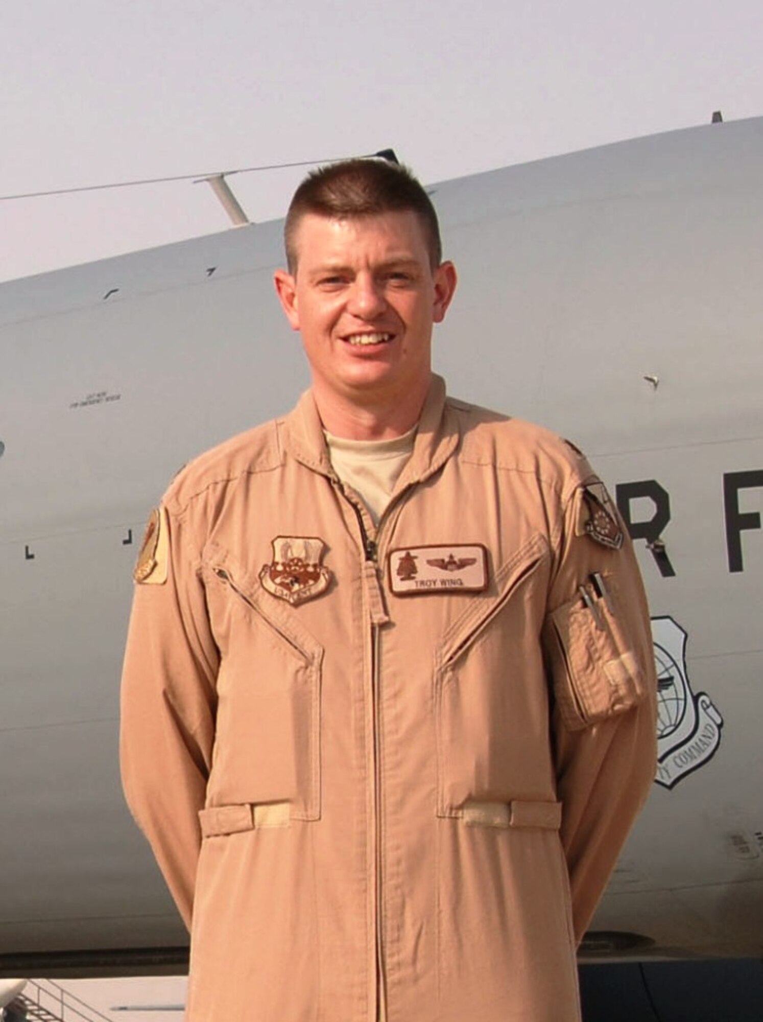 Maj. Troy Wing is a KC-135 pilot deployed with the 340th Expeditionary Air Refueling Squadron, 379th Air Expeditionary Wing, at a non-disclosed base in Southwest Asia. Here he is pictured on Sept. 1, 2010. Major Wing is deployed from Air Mobility Command’s 384th Air Refueling Squadron, 22nd Air Refueling Wing, at McConnell Air Force Base, Kan. (U.S. Air Force Photo/Tech. Sgt. Kimberly Spinner)