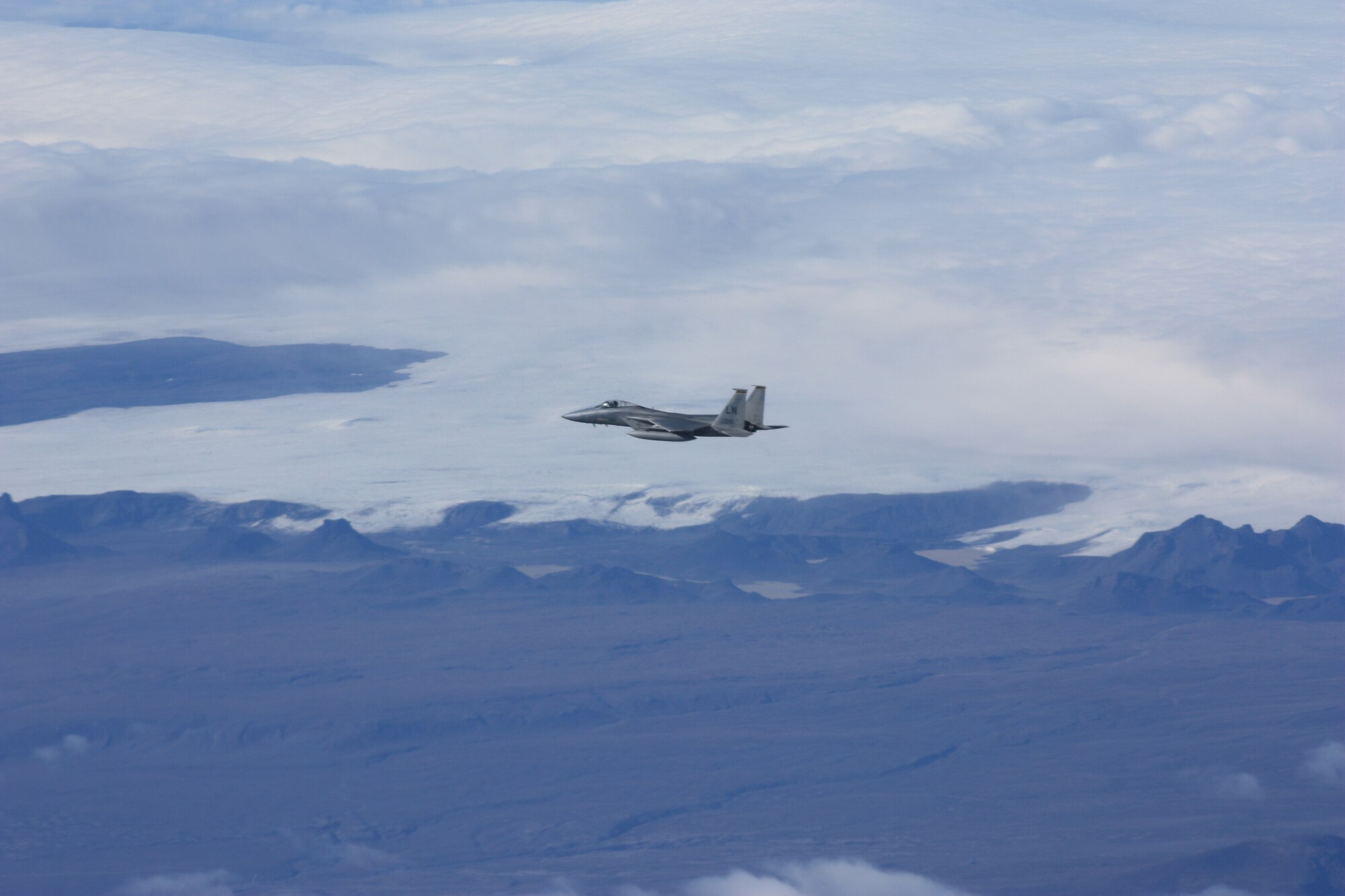 KEFLAVIK, Iceland - An F-15C Eagle flies over Iceland during a flight in support of the Icelandic Air Policing mission Sept. 15, 2010.  The IAP is conducted as part of NATO's mission of providing air sovereignty for member nations and has also been conducted by France, Denmark, Spain and Poland. (U.S. Air Force photo/Maj. Andrew Rose)
