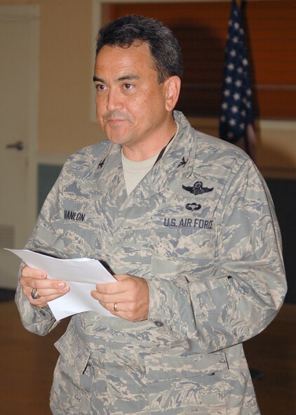 KUNSAN AIR BASE, Republic of Korea -- Col. Hugh Hanlon, 8th Fighter Wing vice commander, reads the 8th FW's Hispanic American Heritage Month proclamation during a luncheon Sept. 15 to kick-off the Wolf Pack's celebration of the month. Other HAHM events planned include Spanish lessons, Latin dance classes, displays at the base exchange and library, and a "block party" to close the month Oct. 15. (U.S. Air Force photo/Senior Airman Ciara Wymbs)