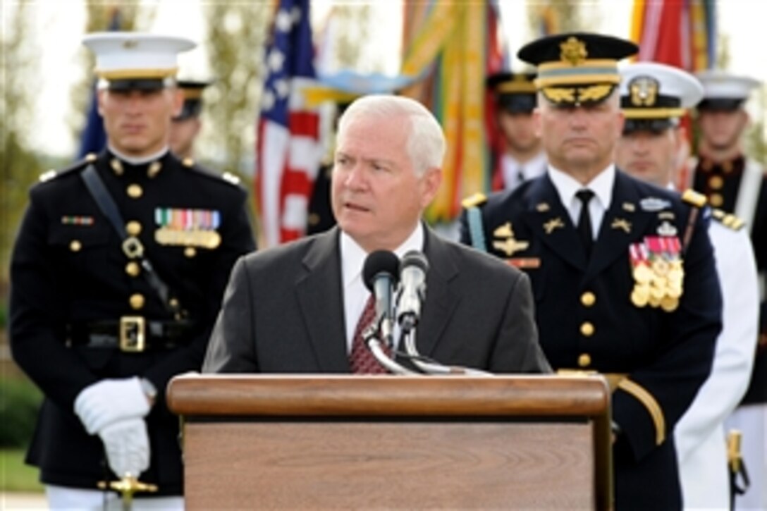 Defense Secretary Robert M. Gates delivers the keynote address at the Pentagon's annual observance of National POW/MIA Recognition Day, Sept. 17, 2010. Gates said the nation will be unflagging in its efforts to find and bring home every missing servicemember.