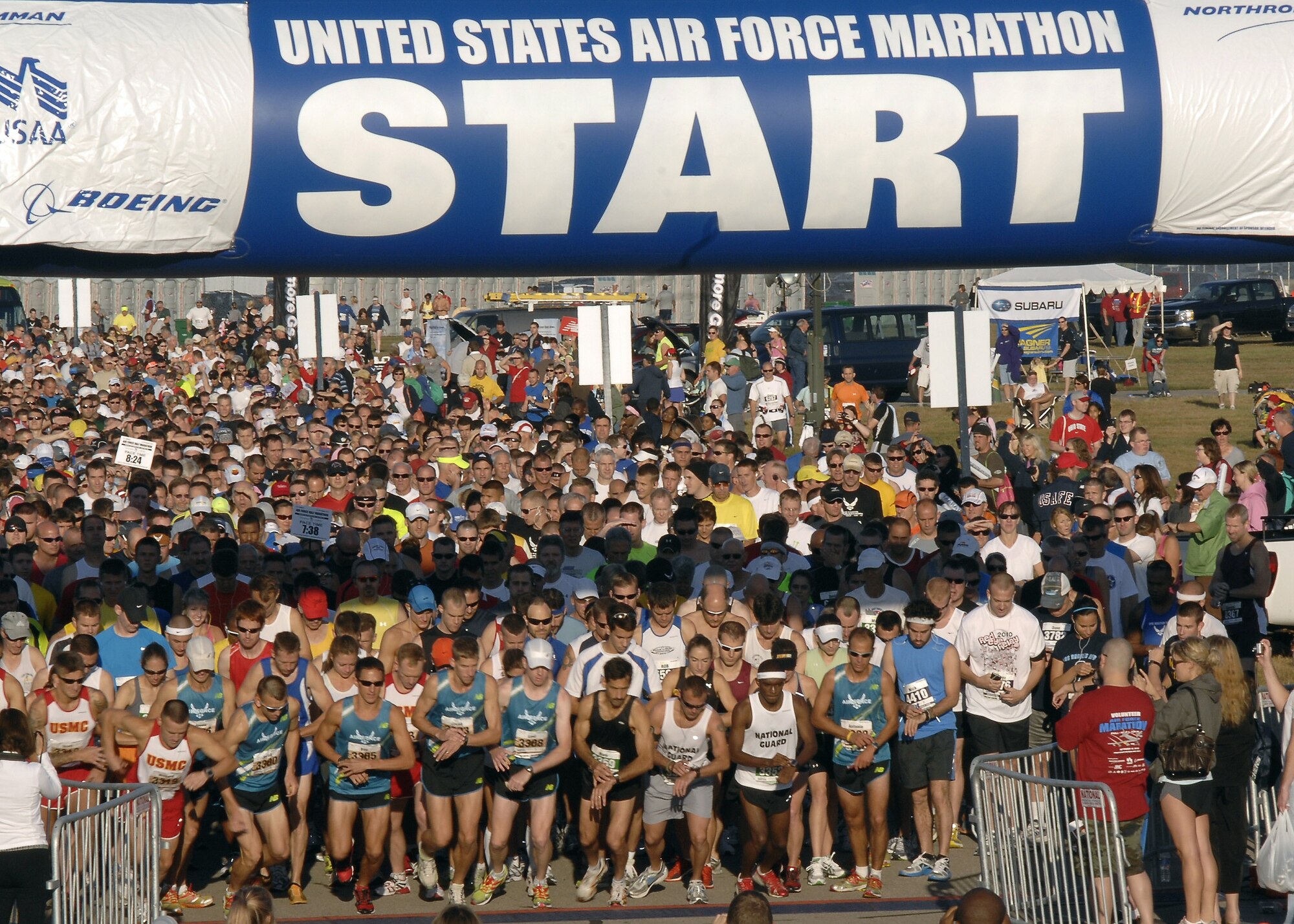 Thousands of runners start the half-marathon during the Air Force Marathon Sept. 18, 2010 at Wright-Patterson Air Force Base, Ohio.  A record breaking12,000 runners registered for the events held on Sept. 17-18.  (U.S. Air Force Photo/Michelle Gigante)