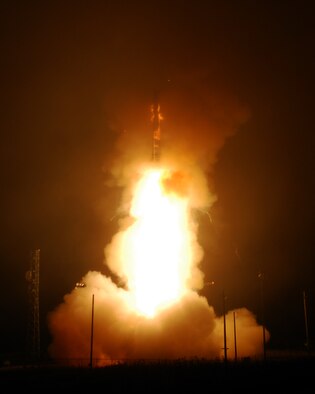 VANDENBERG AIR FORCE BASE, Calif. -- Air Force Global Strike Command crews launched an unarmed Minuteman III intercontinental ballistic missile from north Vandenberg Sept. 17. The operational test launch demonstrates the weapon system's reliability and accuracy.  The missile's single unarmed re-entry vehicle traveled approximately 5,300 miles, to a pre-determined target in the Pacific Ocean about 200 miles southwest of Guam. (U.S. Air Force photo/Joe Davila)