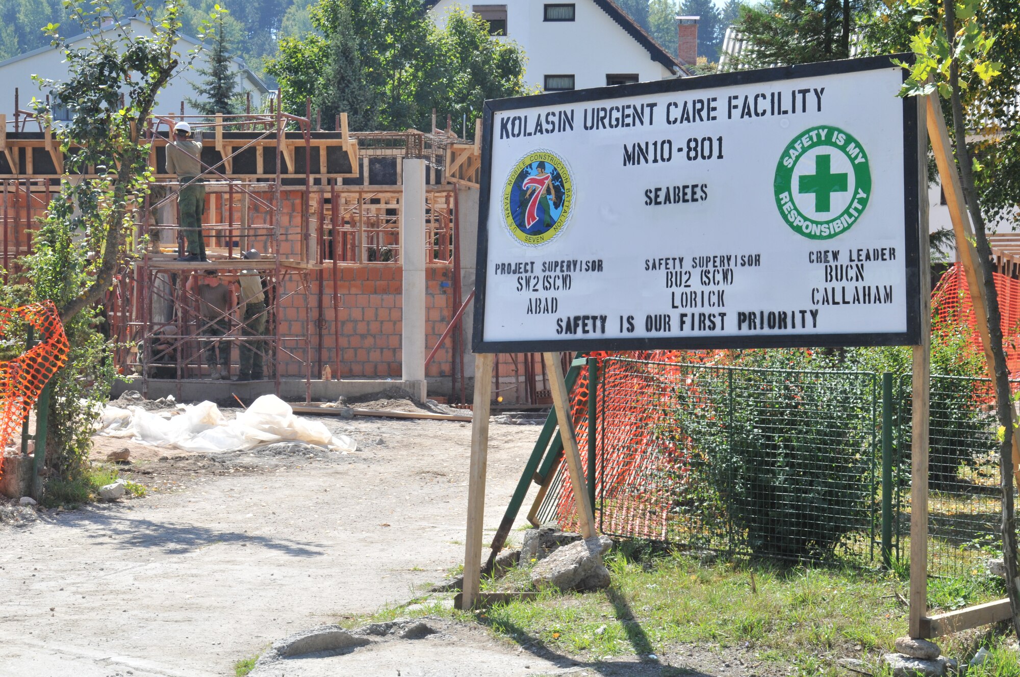 Navy Seabees and Montenegrin soldiers construct an urgent care facility in Kolasin, Montenegro, Sept. 16. Funded by U.S. European Command as part of the Medical Training Exercise in Central and Eastern Europe, the clinic will be one of the most up-to-date medical facilities in the country when it is completed in late November. For more information, go to www.usafe.af.mil/medceur.asp and www.odbrana.gov.me. (U.S. Air Force photo/Senior Airman David Dobrydney)