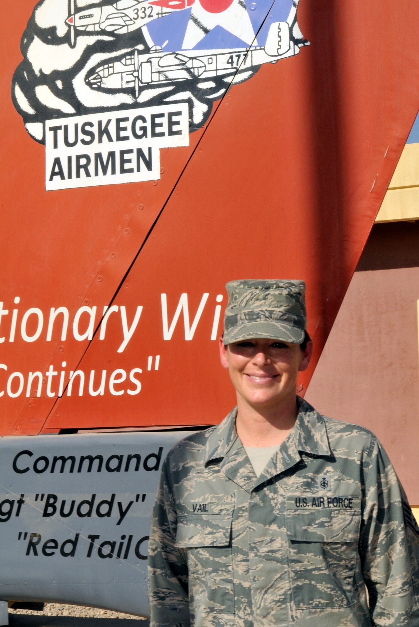 Staff Sgt. Andrea Vail, 332nd Expeditionary Medical Group Air Force Theater Hospital command and control technician, is the 332nd Air Expeditionary Wing's Tuskegee Airman of the Week for Sept. 4-11, 2010. Sergeant Vail, a native of Goodyear, Az., deployed from the 944th Fighter Wing, Luke Air Force Base, Az., expertly led a 14-member mass casualty retrieval team in off-loading 12 critical patients from the hospital’s helipad to the care they required. In addition, she trained 54 servicemembers in helicopter, ambulance and MRAP litter extractions, creating experienced patient movement technicians when the need arises. (U.S. Air Force photo/Staff Sgt. Phillip Butterfield)