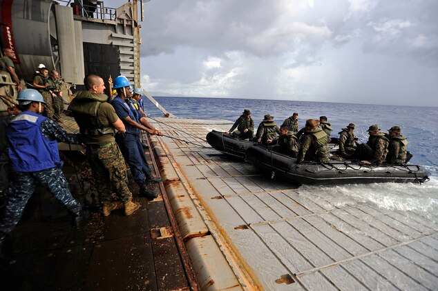 U.S. Navy sailors and Marines recover combat rubber reconnaissance craft manned by Marines assigned to the 31st Marine Expeditionary Unit at the stern gate of the amphibious dock landing ship USS Harpers Ferry (LSD 49) while underway in the Philippine Sea on Sept. 19, 2010.  The Harpers Ferry is on patrol in the western Pacific Ocean as a part of the Essex Amphibious Ready Group, which is participating in Valiant Shield 2010.  The integrated joint-training exercise is designed to enhance interoperability between U.S. forces.