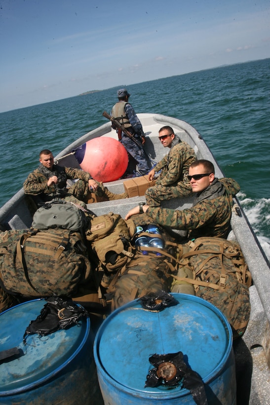A small Nicaraguan navy vessel transports Marines with Special-Purpose Marine Air-Ground Task Force Continuing Promise 2010 to "El Bluff" island off the coast of Nicaragua, Sept. 19 to begin a five-day subject-matter expert exchange with Nicaraguan sailors and Marines. The Marines were sent out on a mission to give a leadership fundamentals course to eight members of the Nicaraguan navy and Marine Corps