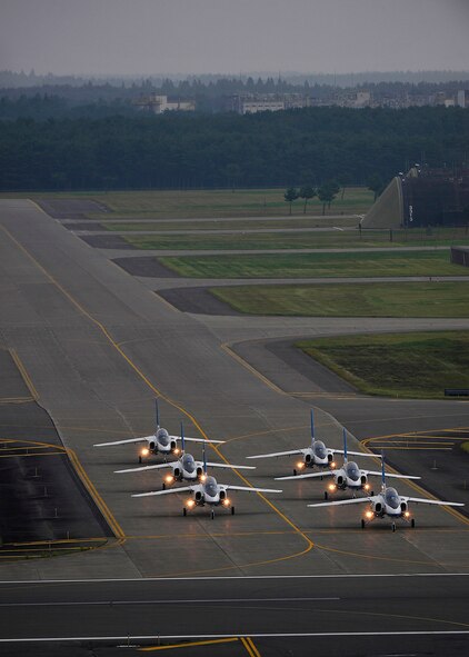 Japanese demonstration team, Blue Impulse, taxis to the runway prior to its demonstration during Misawa Air Festival 2010 Sept. 19, at Misawa Air Base, Japan. (U.S. Air Force photo by Staff Sgt. Chad Strohmeyer/Released)