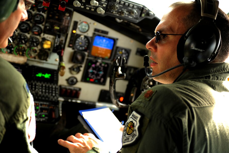 OVER THE PACIFIC -- Maj. Jeff Paget, 96th Air refueling Squadron director of operations, runs the pre-flight checklist with Lt. Col. Gene Feller, 203rd Air Refueling Squadron pilot, prior to a refueling mission Sept. 18. They performed a refueling mission with a C-17 Globemaster III bound for Andersen Air Base, Guam. The C-17 assigned to the 15th Wing, Joint Base Pearl Harbor Hickam, is operated by the 15th Wing and the Hawaii National Guard?s 154th Wing. Through a Total Force Integration partnership, the Activity Duty and Guard units jointly operate the C-17, the KC-135 Stratotanker and the F-22 Raptor. (U.S. Air Force photo/Staff Sgt. Mike Meares)