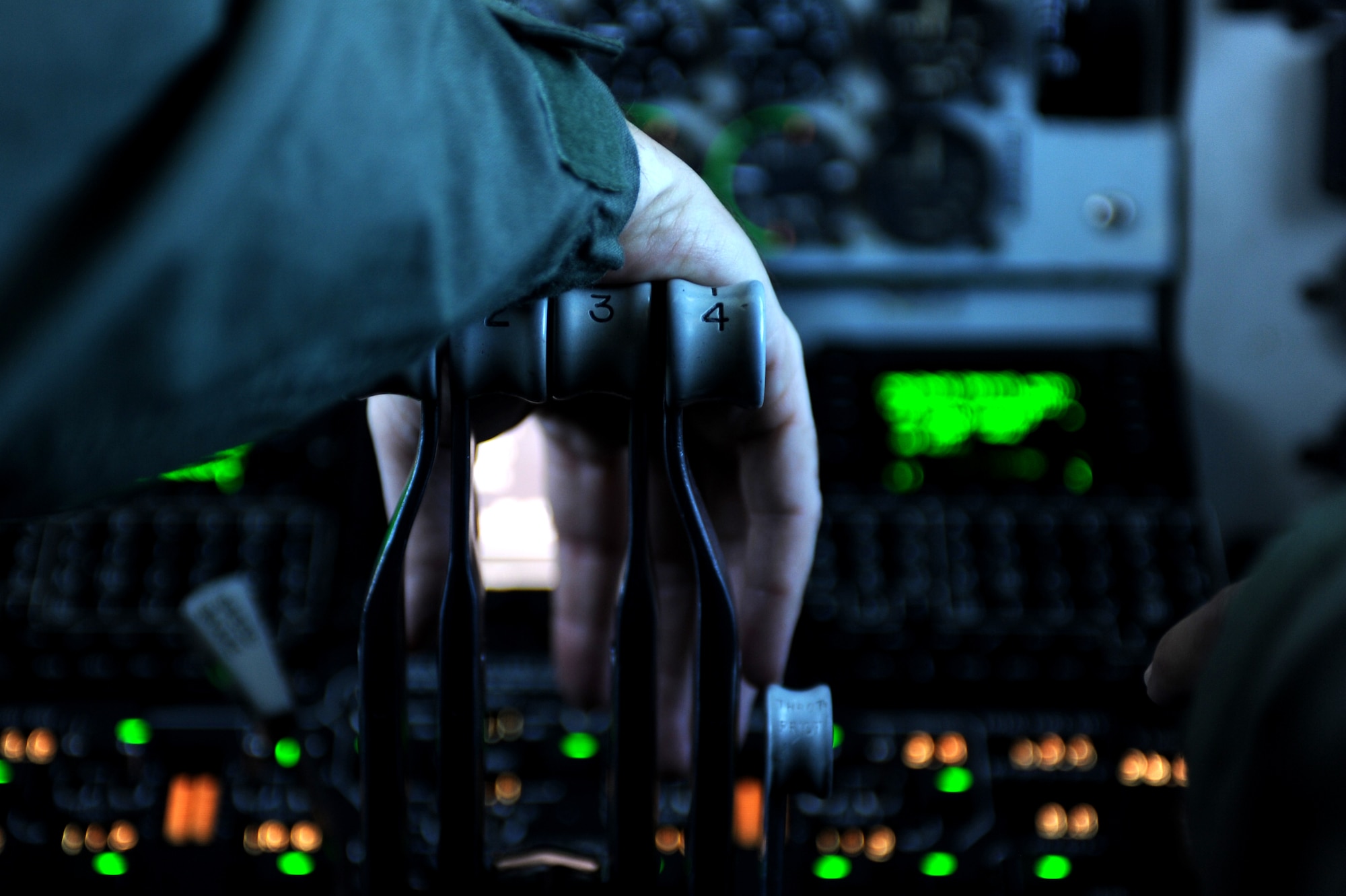 OVER THE PACIFIC OCEAN-- Lt. Col. Gene Feller, 203rd Air Refueling Squadron pilot, Maj. Jeff Paget and Senior Master Sgt. Dicky Hunt, 96th Air Refueling Squadron, cruise at 22,000 feet awaiting a refueling contact from a C-17 Globemaster III Sept. 18. The C-17 assigned to the 15th Wing, Joint Base Pearl Harbor Hickam, is operated by the 15th Wing and the Hawaii National Guard?s 154th Wing. Through a Total Force Integration partnership, the Activity Duty and Guard units jointly operate the C-17, the KC-135 Stratotanker and the F-22 Raptor. (U.S. Air Force photo/Staff Sgt. Mike Meares)