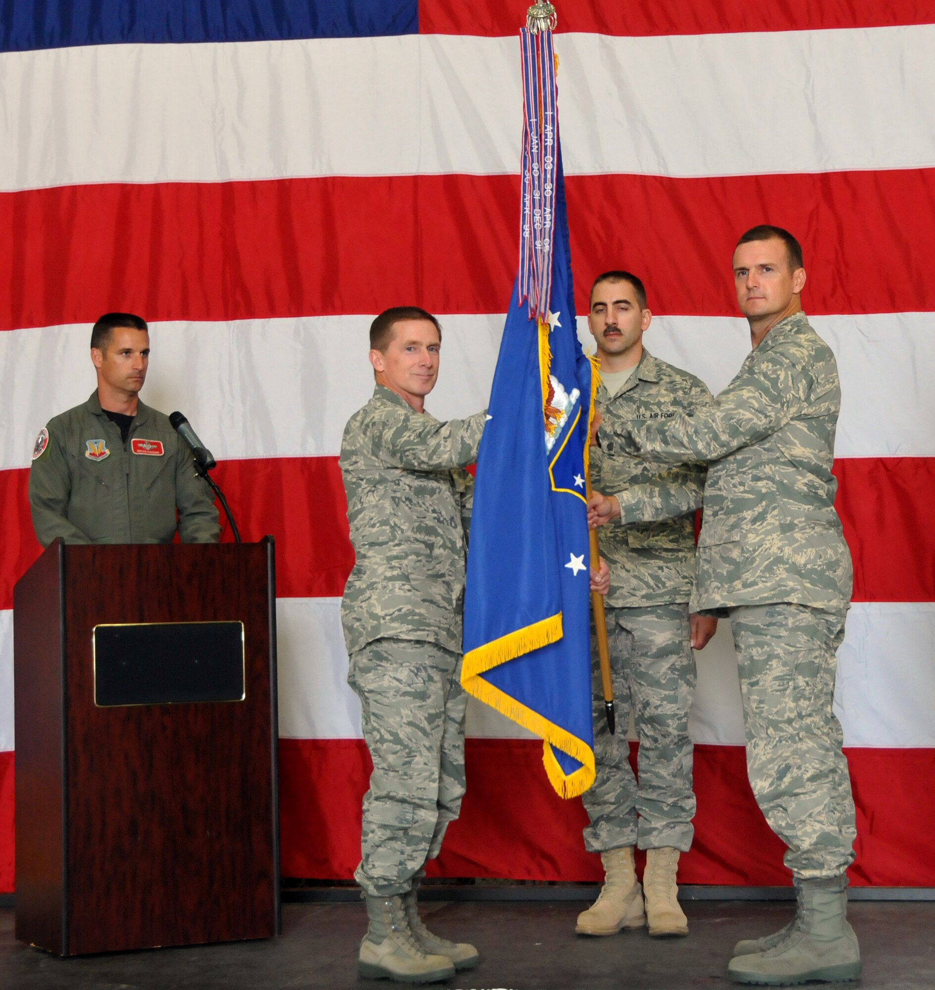 Brig. Gen. Joseph Brandemuehl, 115th Fighter Wing commander, presided over the change of command where Lt. Col. Erik Peterson assumed command of the 115th Operations Group from Col. Jeffrey Wiegand and Colonel Wiegand assumed command of the 115th Maintenance Group from Col. Patrick Volk. (U.S. Air Force photo by Tech. Sgt. Ashley Bell)