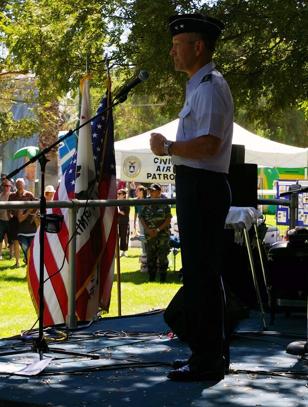 Maj. Gen. Eric W. Crabtree, Commander, 4th Air Force, addresses military members and their families during the 39th Annual March Air Reserve Base Military Appreciation Picnic, Sept. 18, 2010.  The annual picnic is open to all members of Team March and their families.  (U.S. Air Force photo by 2nd Lt. Zach Anderson)