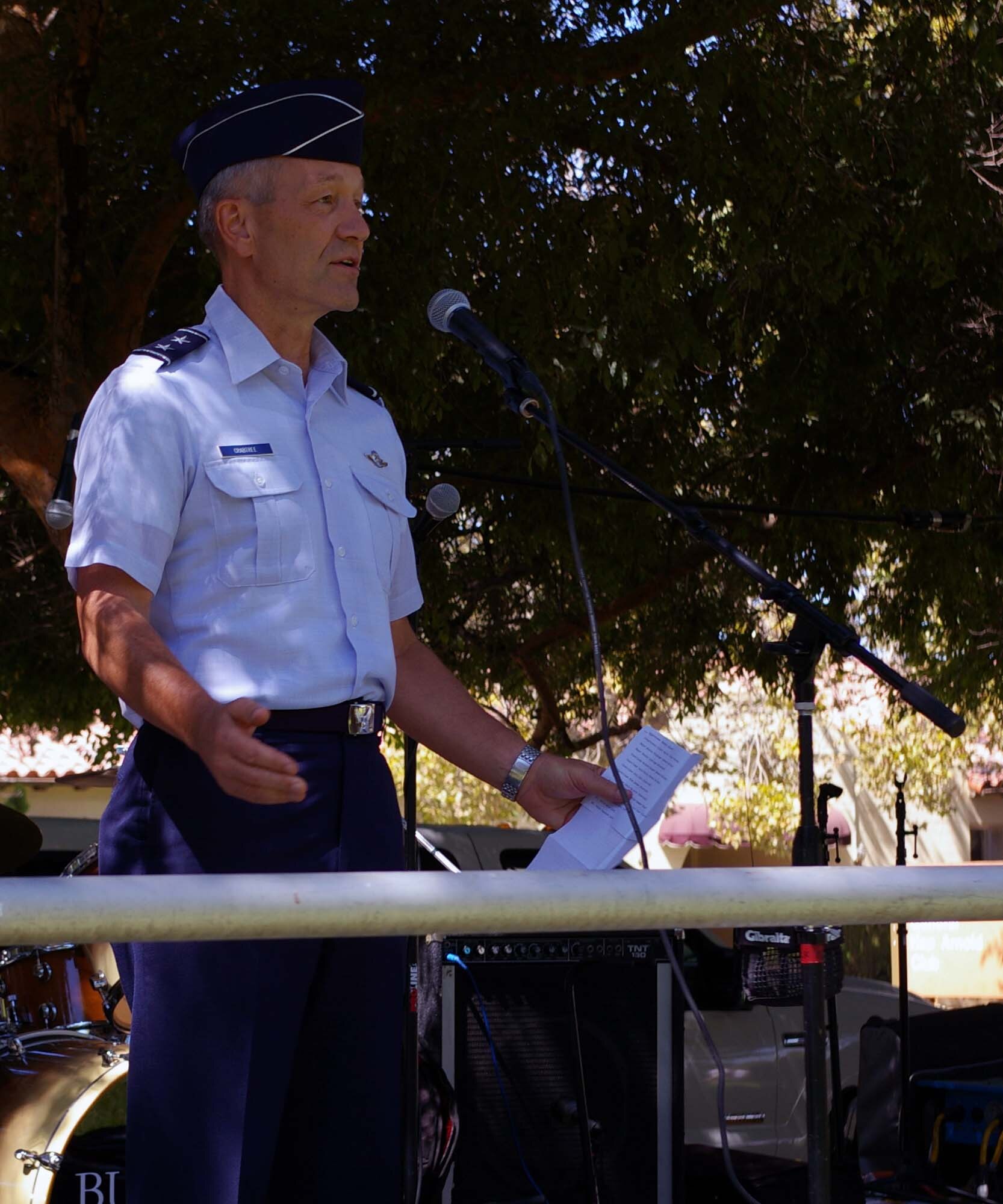 Maj. Gen. Eric W. Crabtree, Commander, 4th Air Force, addresses military members and their families during the 39th Annual March Air Reserve Base Military Appreciation Picnic, Sept. 18, 2010.  The annual picnic is open to all members of Team March and their families.  (U.S. Air Force photo by 2nd Lt. Zach Anderson)