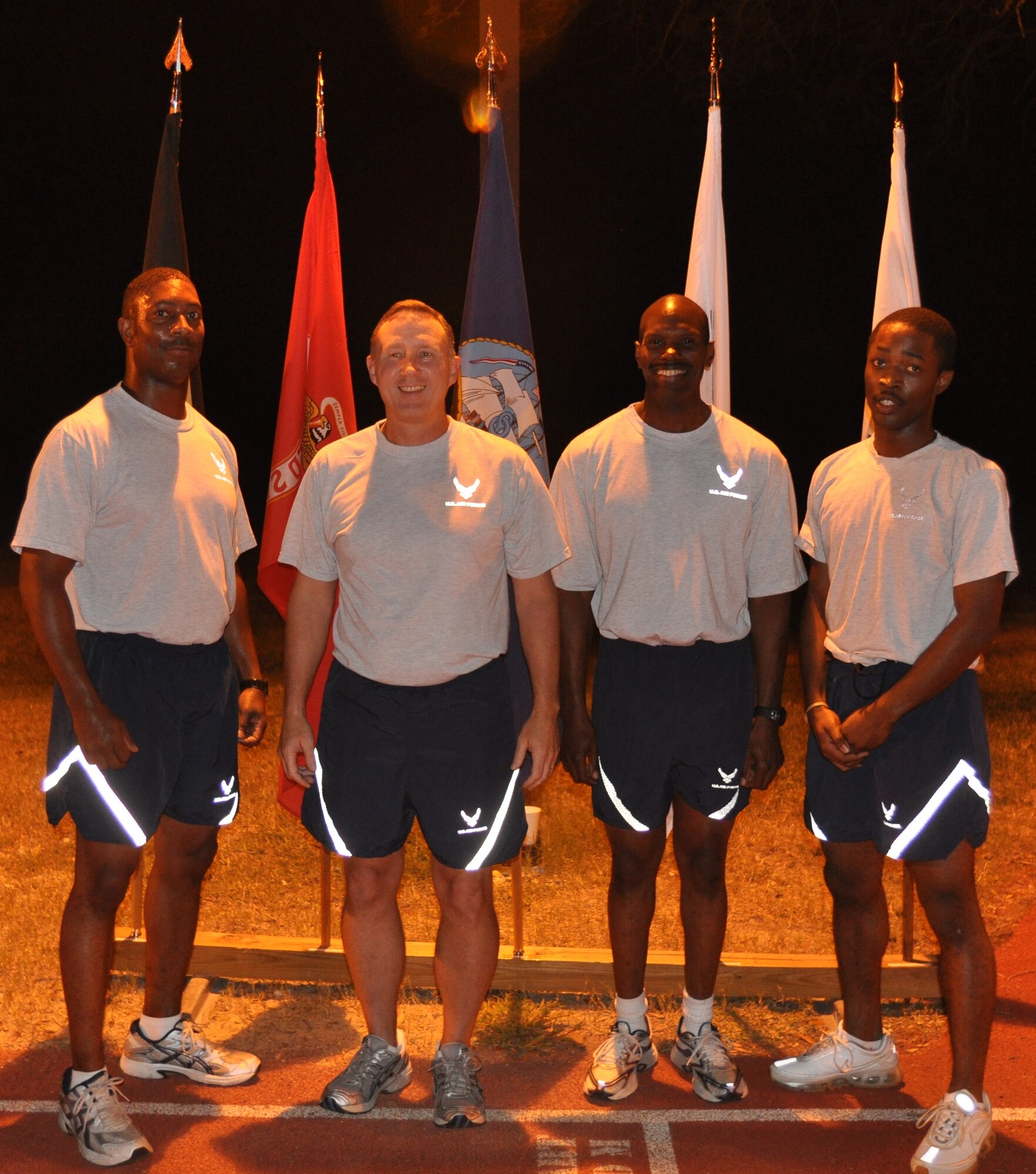 Members of the 315th Aeromedical Evacuation Squadron prepare to participate in the 4th annual Charleston Air force Base POW/MIA 24-hour vigil run Sept. 16, 2010 at the base running track. (U.S. Air Force Photo/Staff Sgt. Shane Ellis)