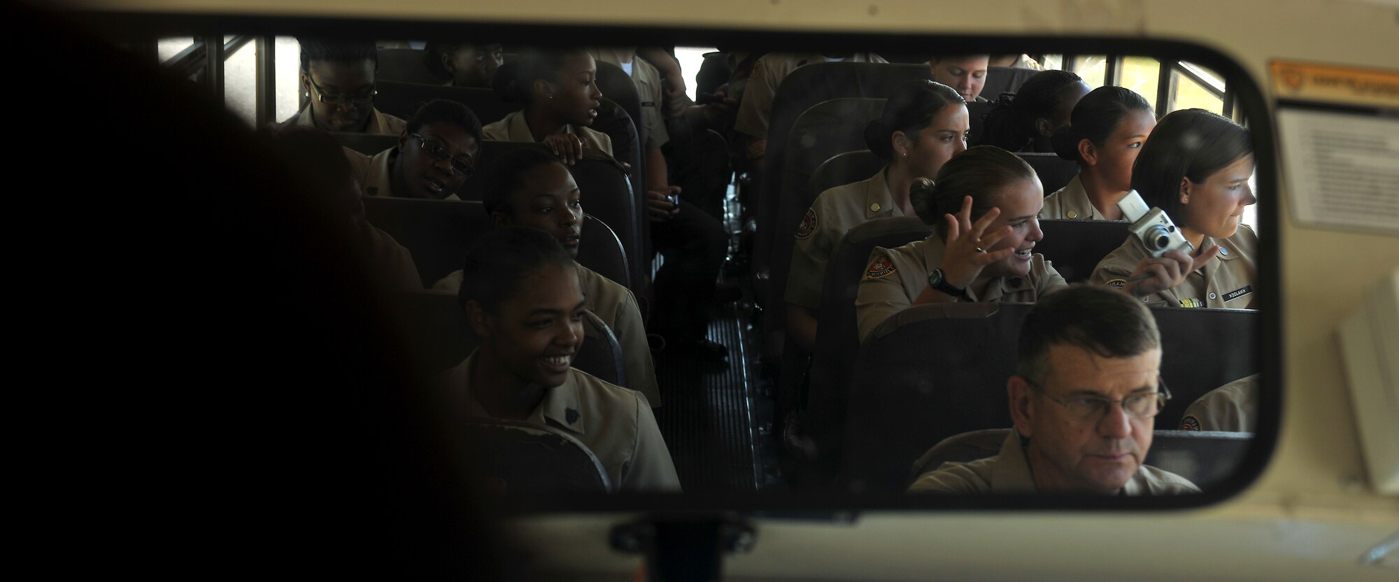 MOODY AIR FORCE BASE, Ga. -- Colquitt County High School Marine Corps Junior ROTC ride on a bus to their next destination during a base tour of Moody here Sept. 16. The students participated in a day-long base tour of Moody to get an experience of what military life is like. (U.S. Air Force photo/Airman 1st Class Joshua Green)




