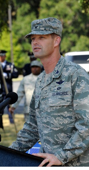 MOODY AIR FORCE BASE, Ga. -- Col. Gary Henderson, 23rd Wing commander, gives a speech toward the end of the Prisoner of War/Missing in Action Recognition Day Ceremony here Sept. 17. Moody honored POWs and MIA by showing that even though they are gone, they are never forgotten. (U.S. Air Force photo/Airman 1st Class Benjamin Wiseman)

